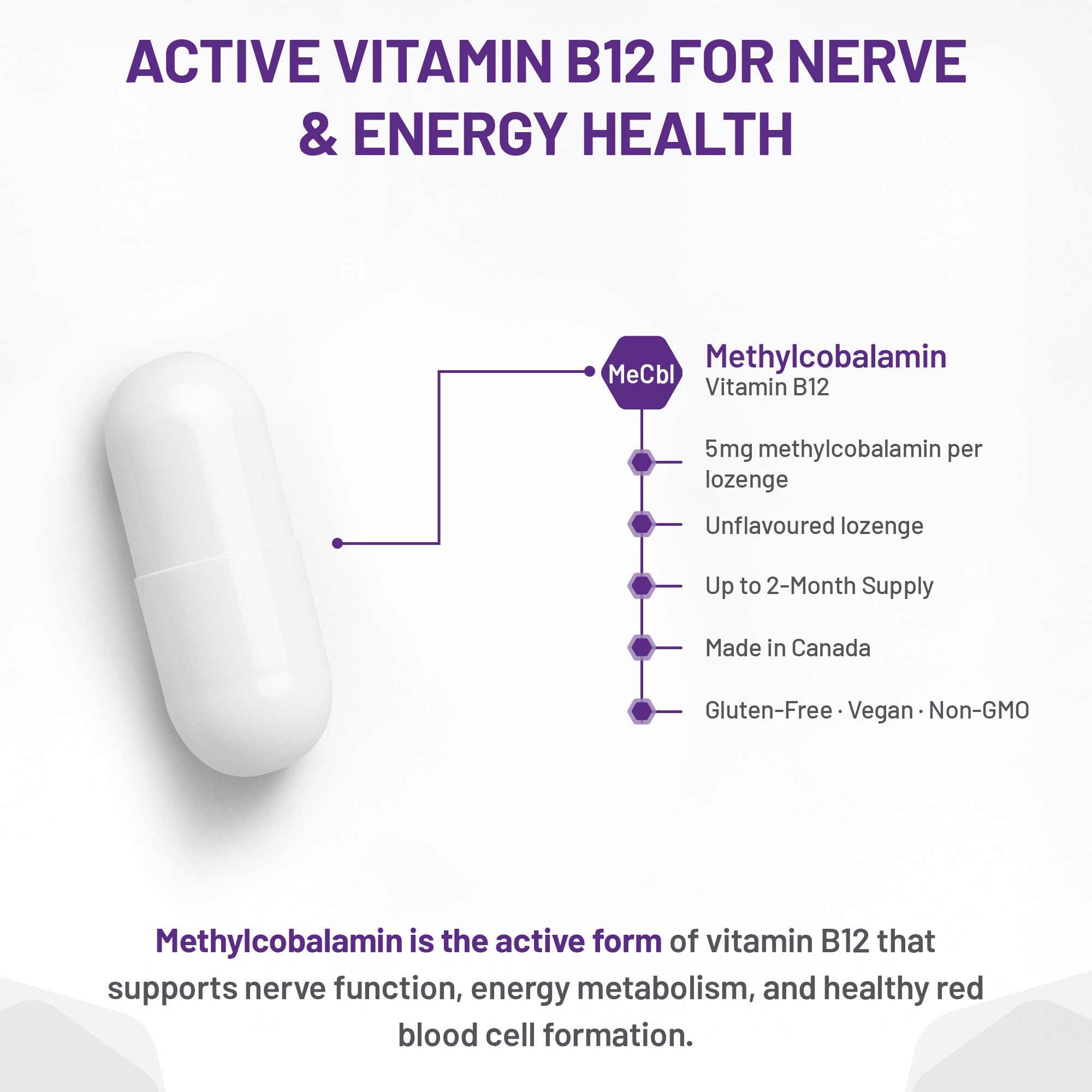 AOR - Méthyl B12, 60 pastilles - Vitamine B12 Méthylcobalamine - Complément favorisant la santé nerveuse - Supplément végétalien de B12 - Aide à prévenir la carence en vitamine B12 - Capsules de B12 méthylée