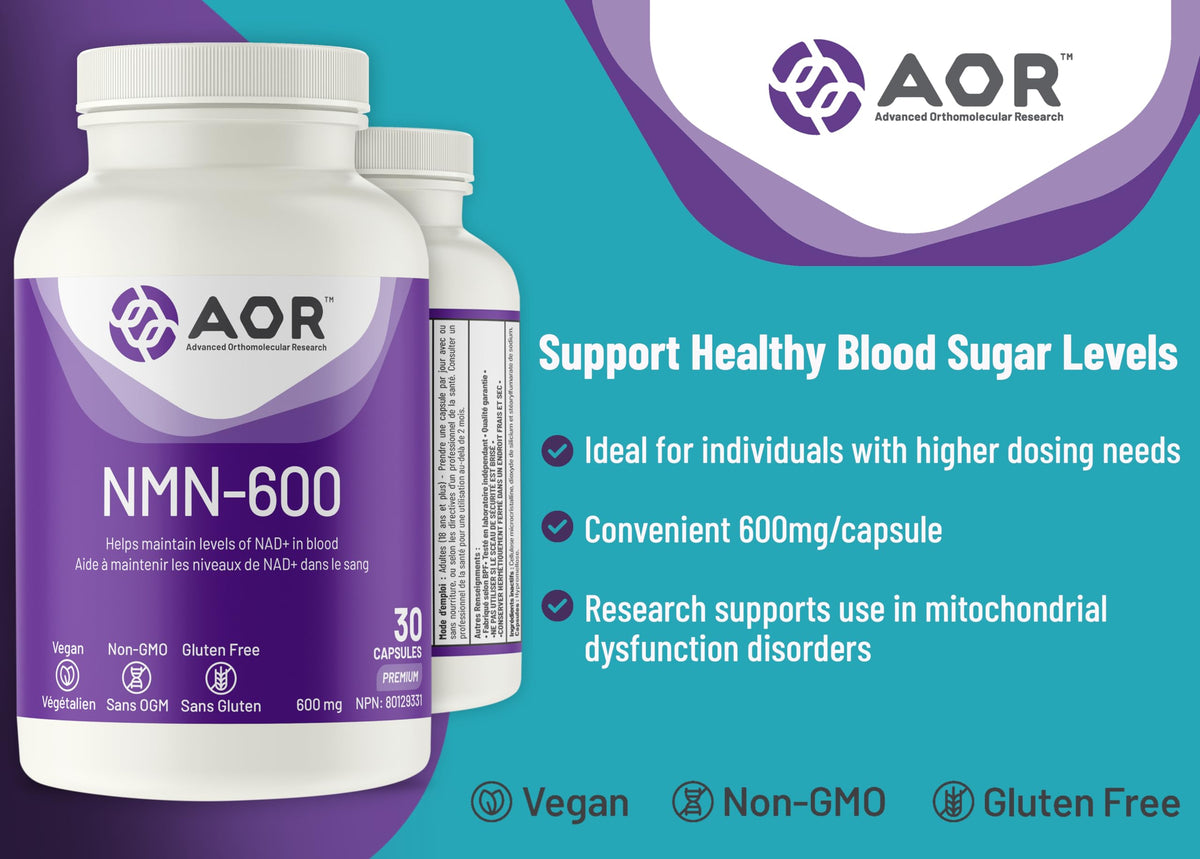 AOR NMN 600mg Capsules, Made in Canada, 30 Vegan Capsules, 30 Day Supply