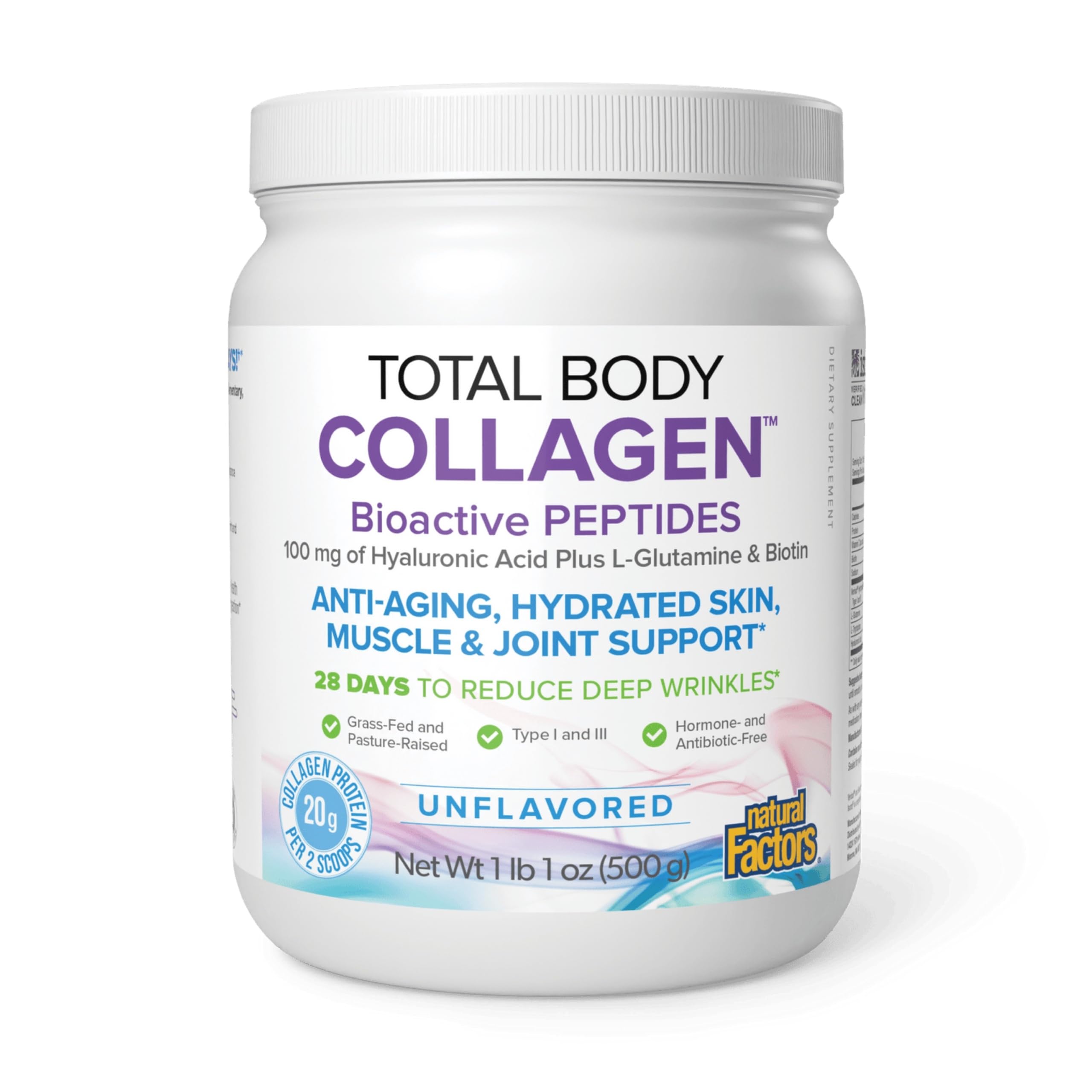 Natural Factors - Total Body Collagen Bioactive Peptides Unflavoured, 500g Powder - Complete Amino Acid Supplement with Hyaluronic Acid, Glutamine and Biotin - Hydrated Skin, Muscle & Joint Recovery