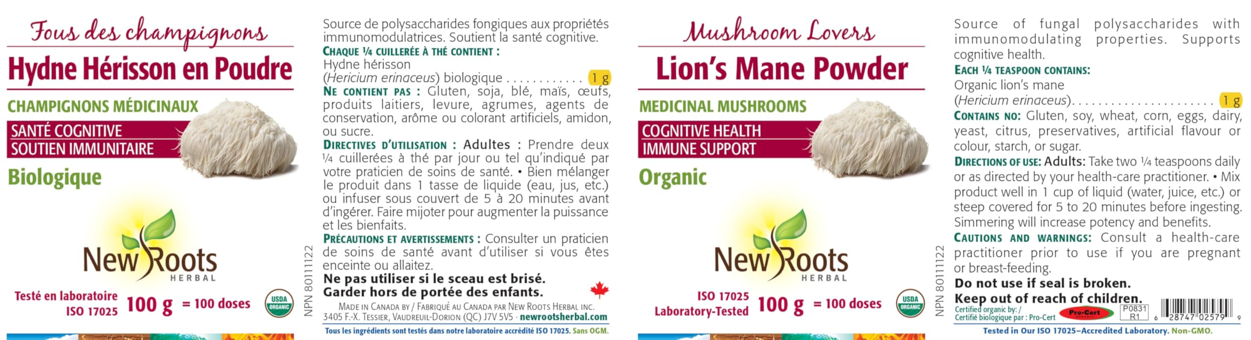 New Roots Herbal Poudre de Crinière de Lion pour Amateurs de Champignons 100 g, 100 Portions – Extrait de Corps Fructifère Biologique, Superaliment Riche en Antioxydants, Fabriqué au Canada, Sans OGM