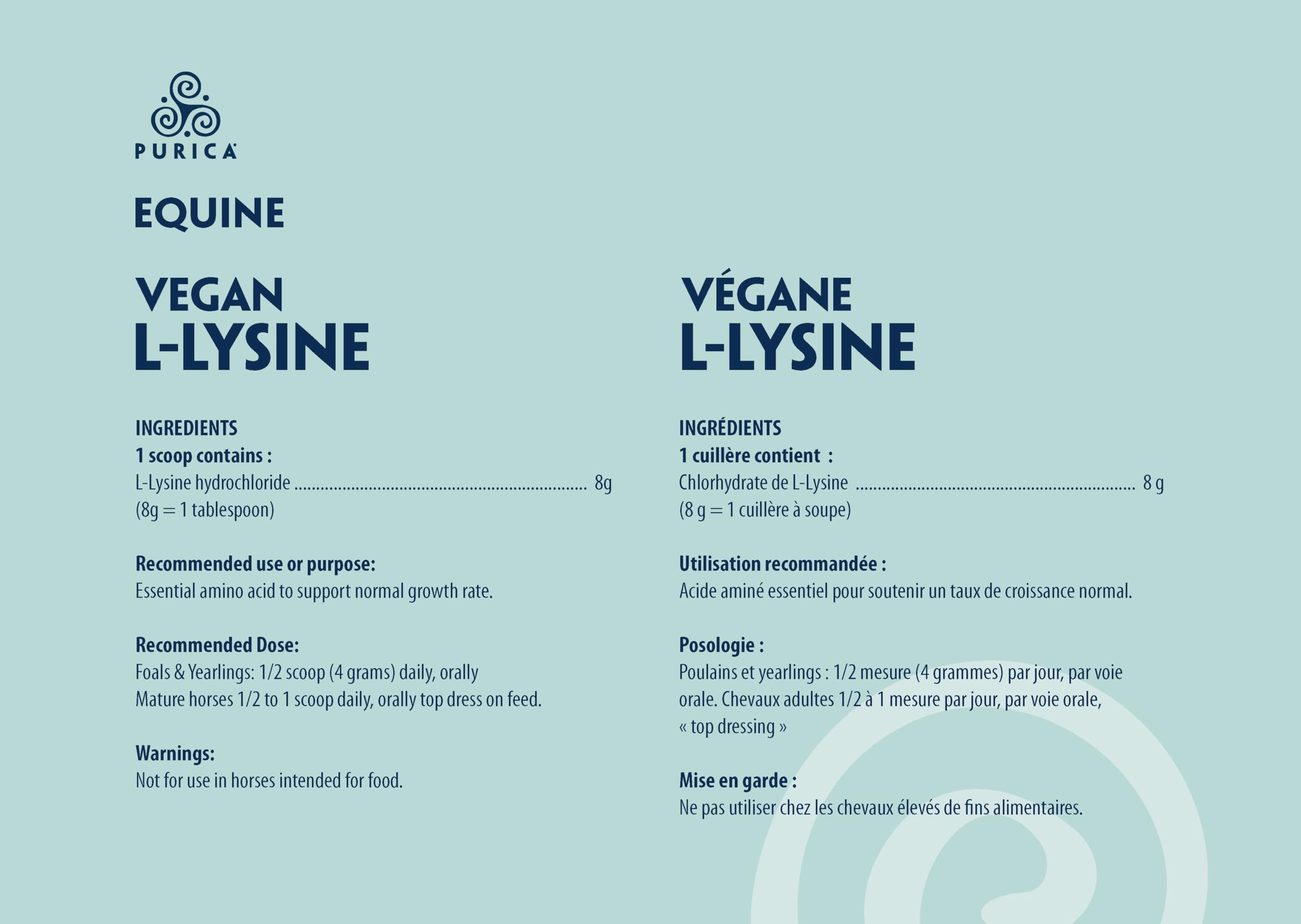 PURICA - L-Lysine en poudre 800g - Acide aminé lysine - Lysine pour chevaux - Complément pour la santé équine - Suppléments de lysine - Poudre de lysine végane pour chevaux - Acide aminé essentiel L-Lysine