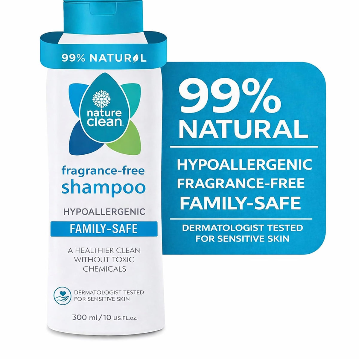 Nature Clean Pure Sensitive Shampoo, Hypoallergenic, Fragrance Free, Sensitive, Dermatologist Tested, 300 ml,10 Oz