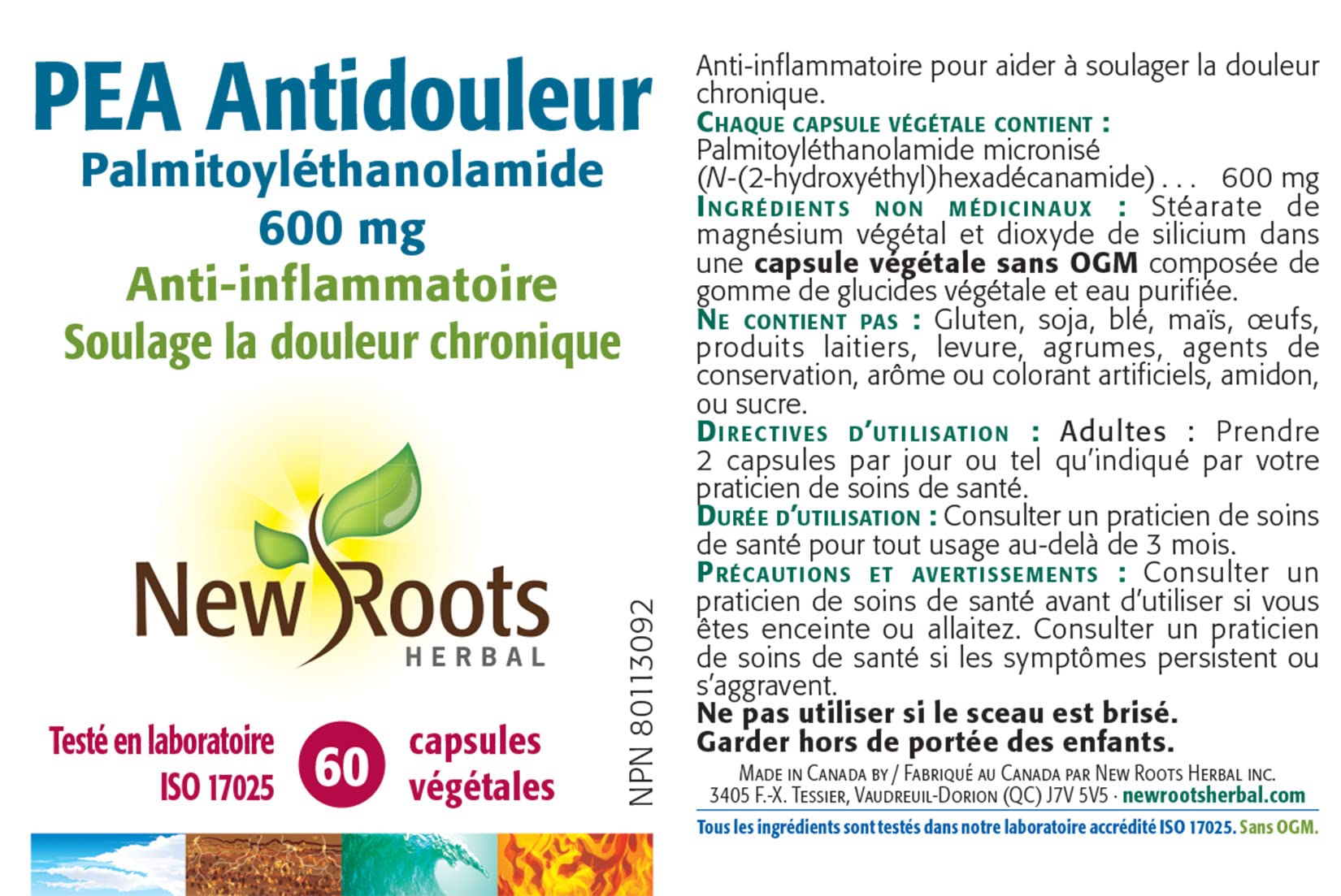 New Roots Herbal PEA Soulagement de la douleur 600 mg, 60 gélules végétales pour 30 jours, micronisée à partir d'huile de carthame, soutient la fonction nerveuse, la mobilité articulaire et le confort physique