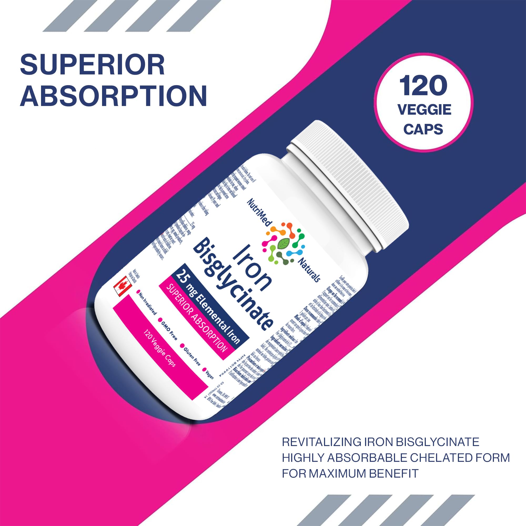Nutrimed Naturals - Bisglycinate de Fer, 120 Gélules Végétaliennes, 120 Jours d'Approvisionnement - 25mg de Fer Élémentaire pour l'Anémie Ferriprive et la Fatigue Associée - Testé par un Tiers - Formulé et Fabriqué au Canada