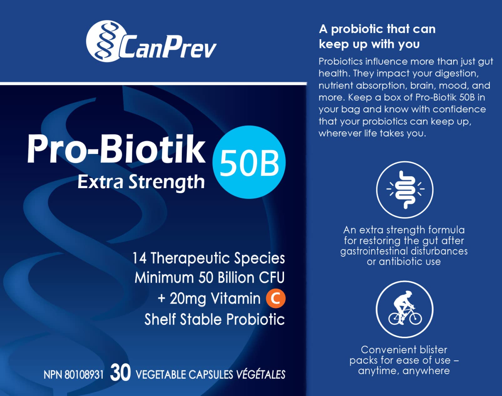 CanPrev - Pro-Biotik 50B Extra Strength - Helps to Support Immune Function and Promote a Favorable Gut Flora - Helps Support Intestinal Gastrointestinal Health