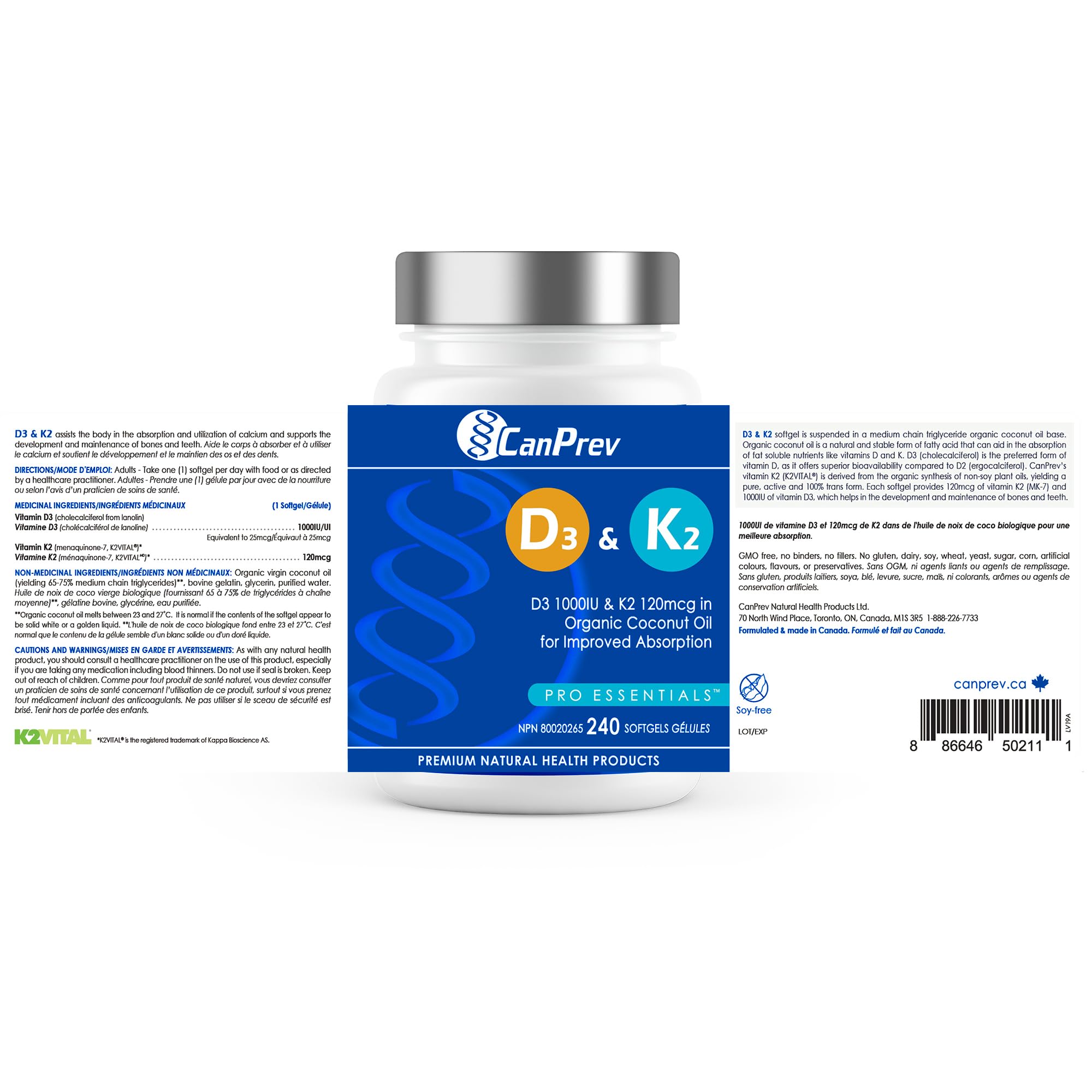 CanPrev D3 & K2 - Huile de coco biologique l Aide à la formation et au maintien de la santé osseuse l Avec vitamine D3 et K2