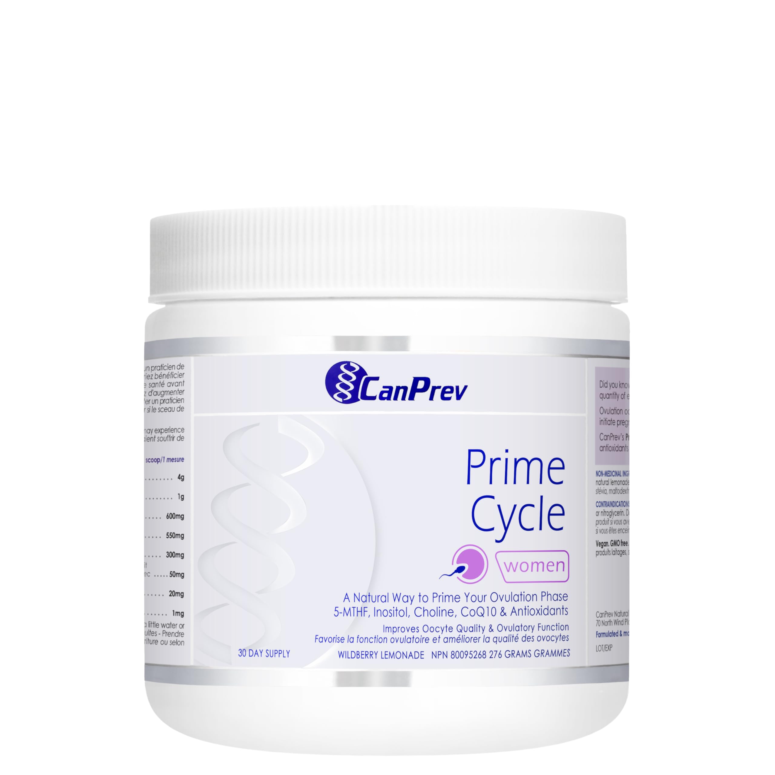 CanPrev Prime Cycle pour femmes, 276 g, cure de 30 jours – Poudre d'inositol pour soutenir une fonction ovulatoire saine et la qualité des ovocytes avec du Myo-Inositol, du Coenzyme Q10 – Soutient la fertilité et le développement précoce