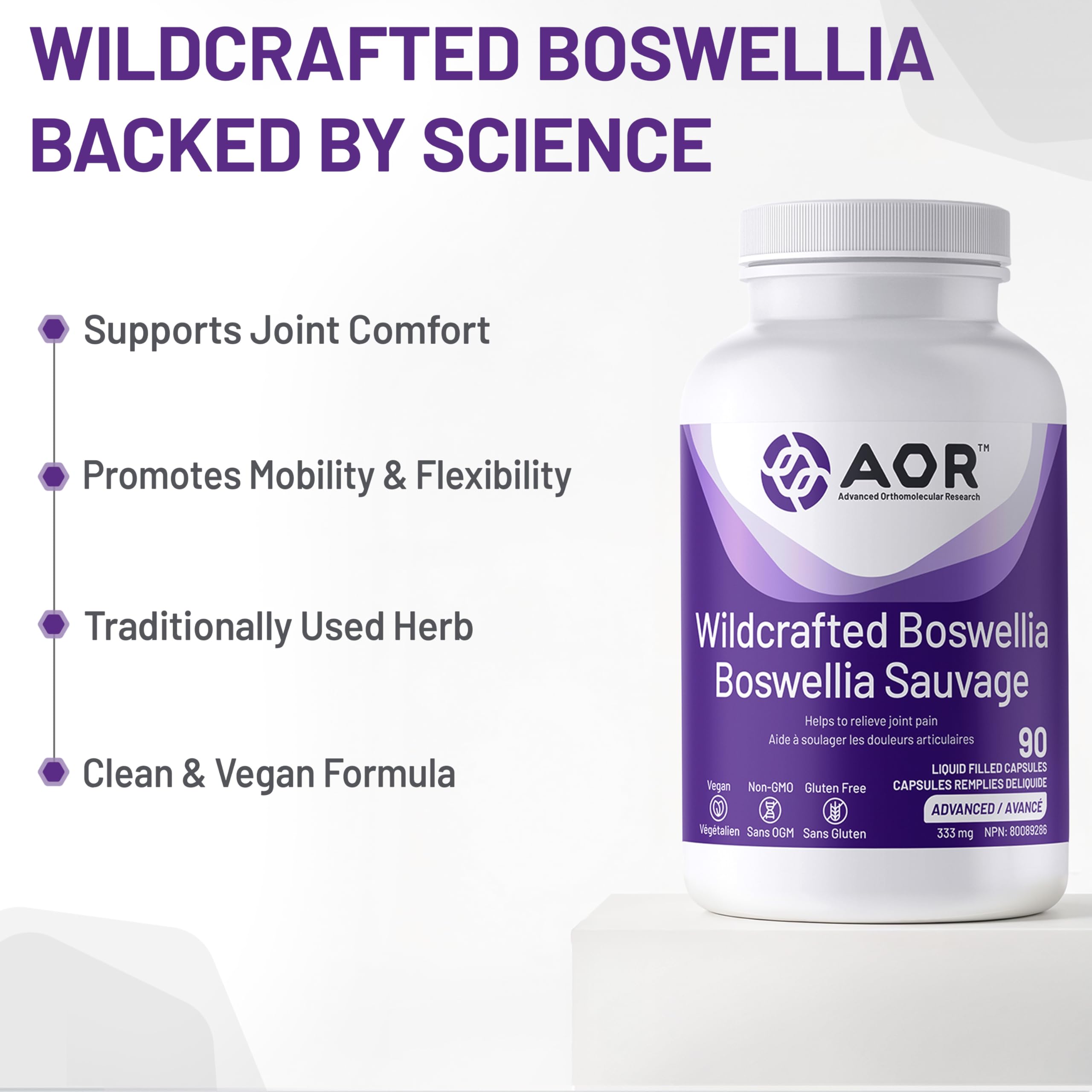 AOR Wildcrafted Boswellia Serrata 333mg 90 Liquid Capsules 30-Day Supply - Herbal Supplement for Joint Comfort & Mobility, Support Flexibility - Non-GMO, Vegan, Promote Overall Wellness and Vitality