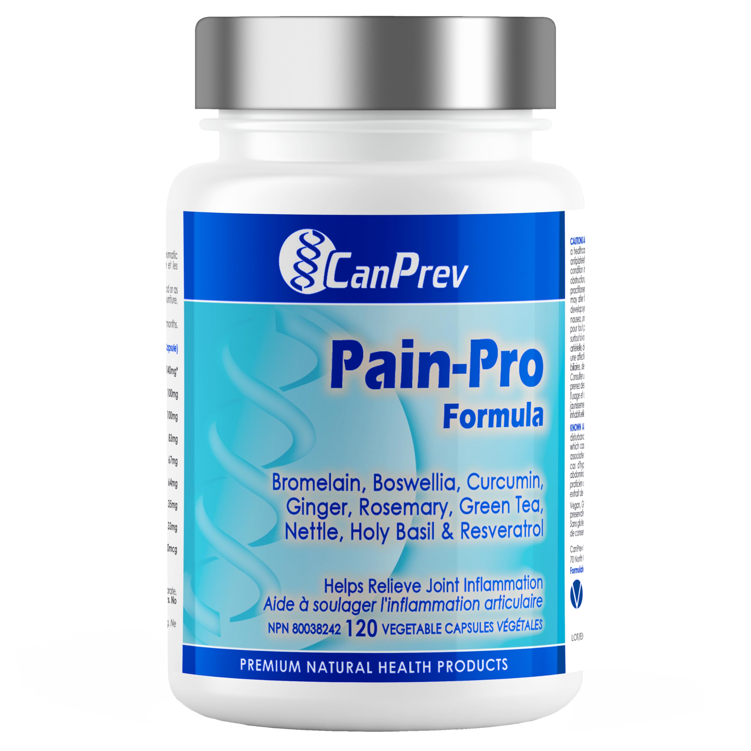 CanPrev Formule Pain-Pro, 120 V-Capsules Véganes - Supplément de Curcumine et Bromélaïne pour le Confort des Articulations et des Muscles avec Boswellia, Gingembre, Basilic Sacré et Extrait de Thé Vert - Soutien à la Récupération