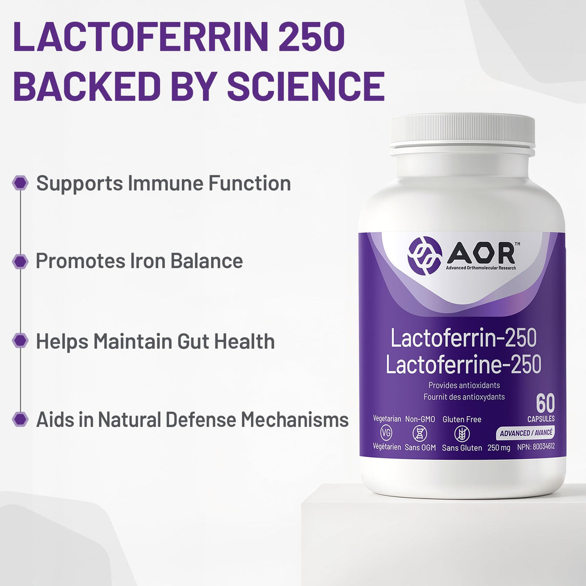 AOR Lactoferrin Supplements, 250 mg, Iron, Antioxidant Support, 60 Capsules