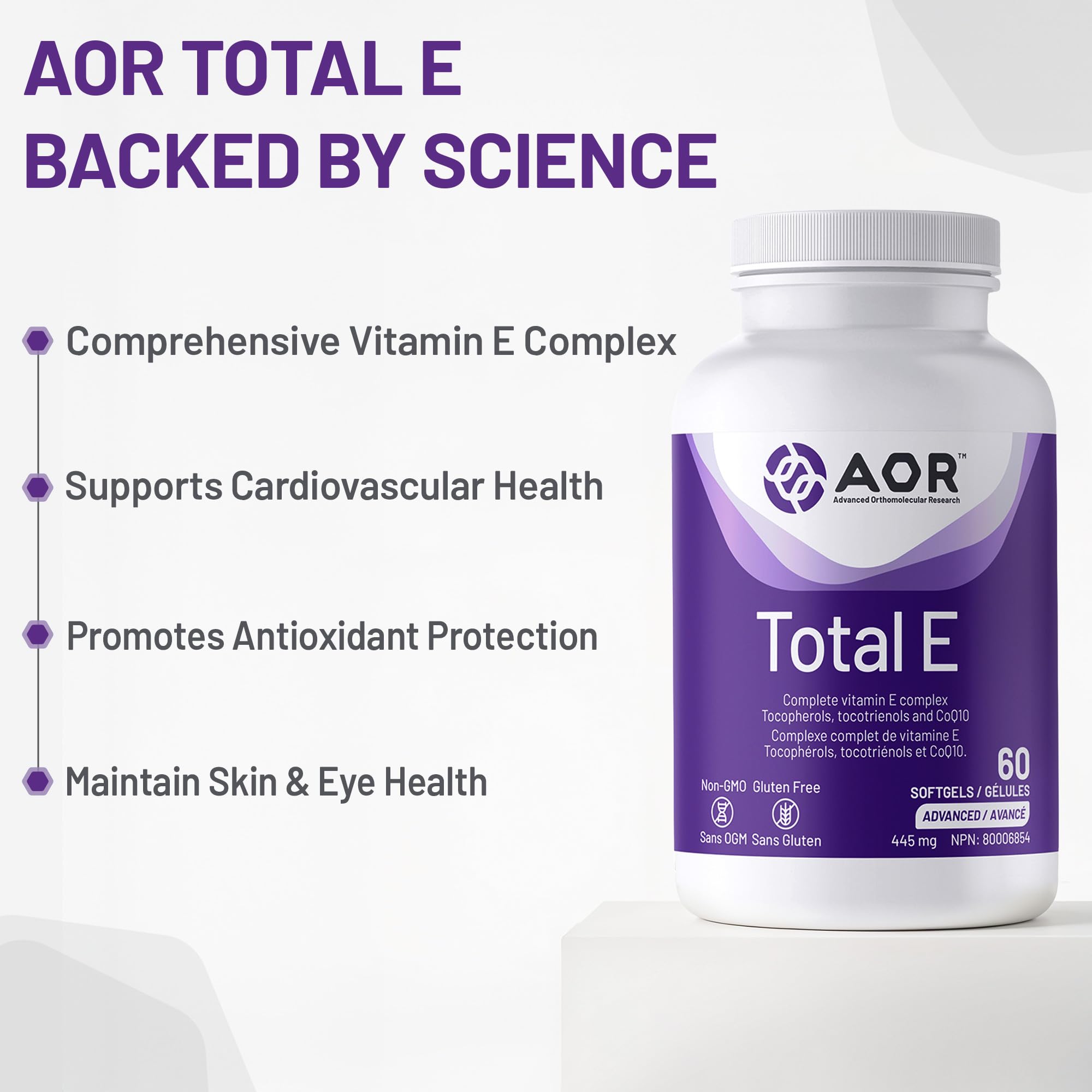 AOR Total E 445 mg, 60 gélules – Cure de 60 jours – Supplément de vitamine E avec tocotriénols et coenzyme Q10 ubiquinol CoQ10 – Soutien cardiovasculaire et antioxydant – Vitamine E8 pour la peau, le visage et les cheveux