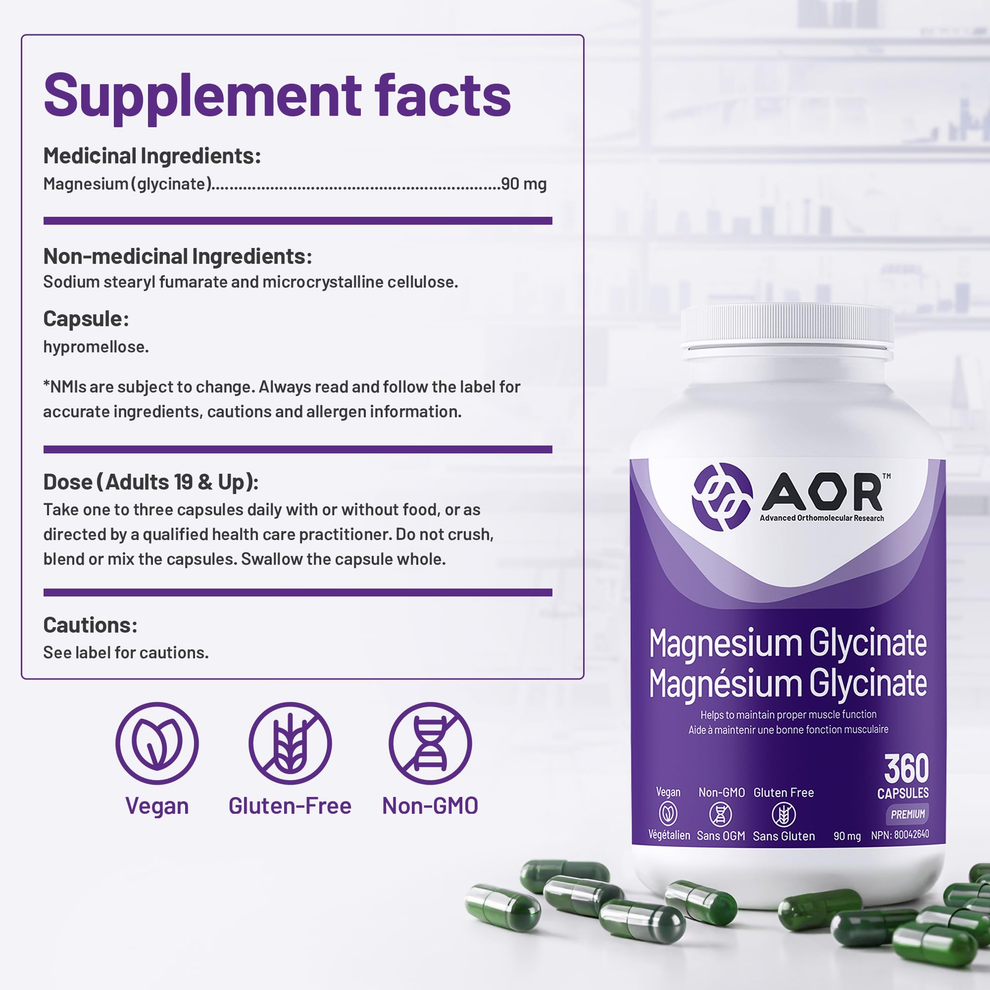 AOR Magnésium Glycinate, 90 mg, Favorise une fonction musculaire et un métabolisme optimaux, Soutien cardiovasculaire, Confort musculaire et cycles menstruels équilibrés, Végétalien et sans OGM
