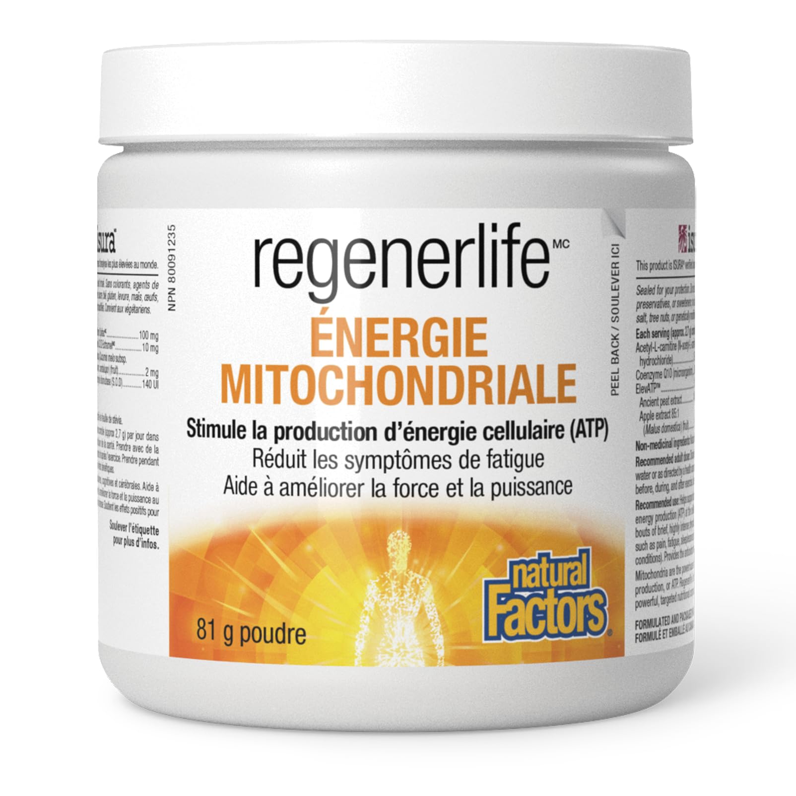 Natural Factors Regenerlife Mitochondrial Energy, 81 g Powder, Boosts Cellular Energy Production (ATP), Reduces Symptoms of Fatigue, Includes: Acetyl-L-Carnitine, Coenzyme Q10, L-Glutathione