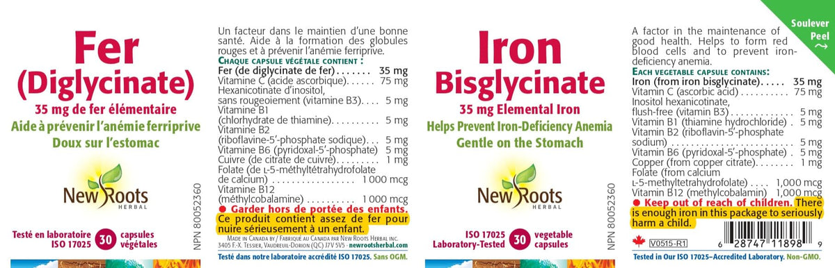New Roots Herbal Iron Bisglycinate Iron Supplement, 35 mg, 30 Veg Caps