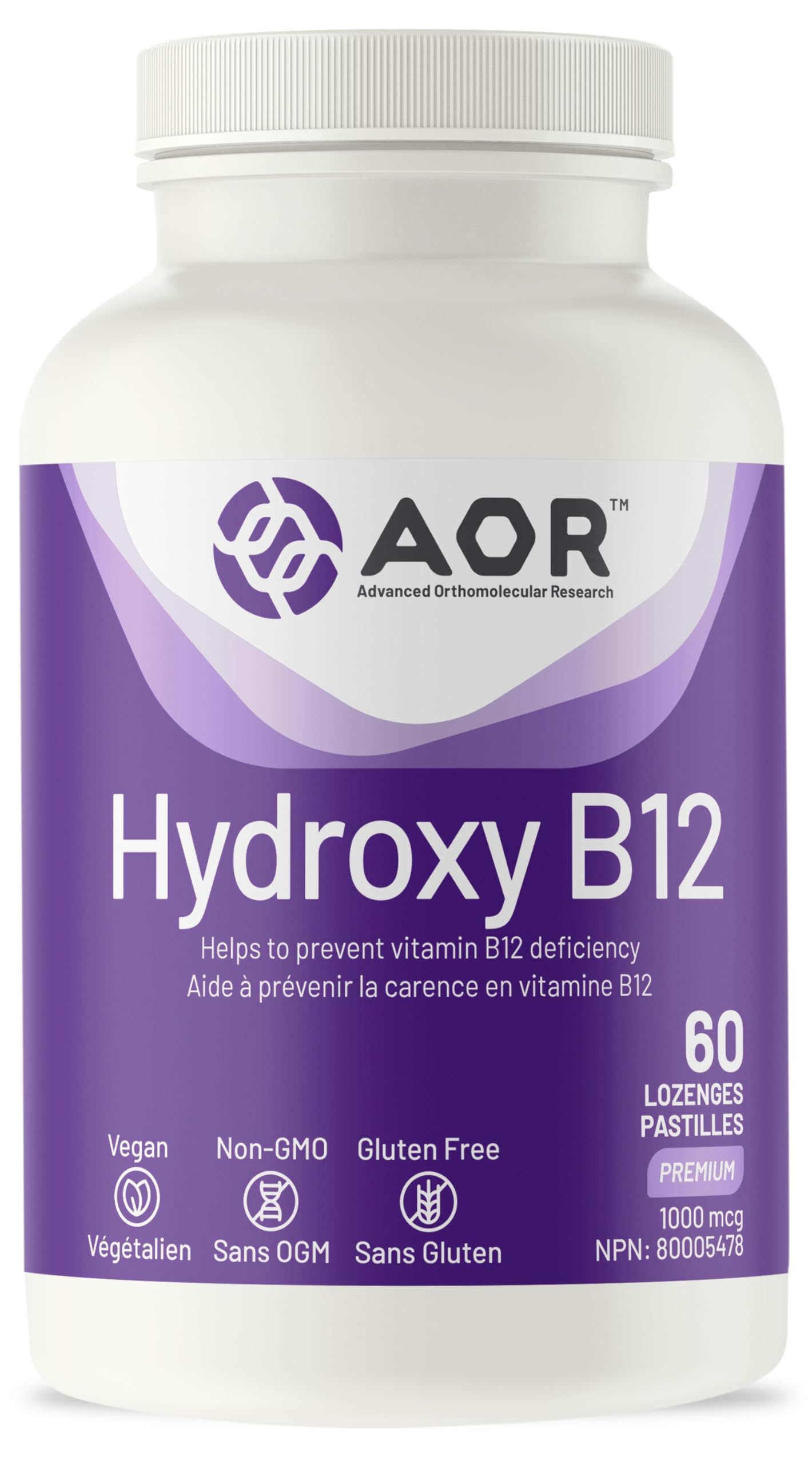 AOR Hydroxy B12 1000mcg, 60 pastilles, approvisionnement de 60 jours – Supplément de vitamine B12 (hydroxocobalamine) pour l'énergie et le soutien métabolique – Soutien optimal du système nerveux – Végétalien, sans OGM et sans gluten
