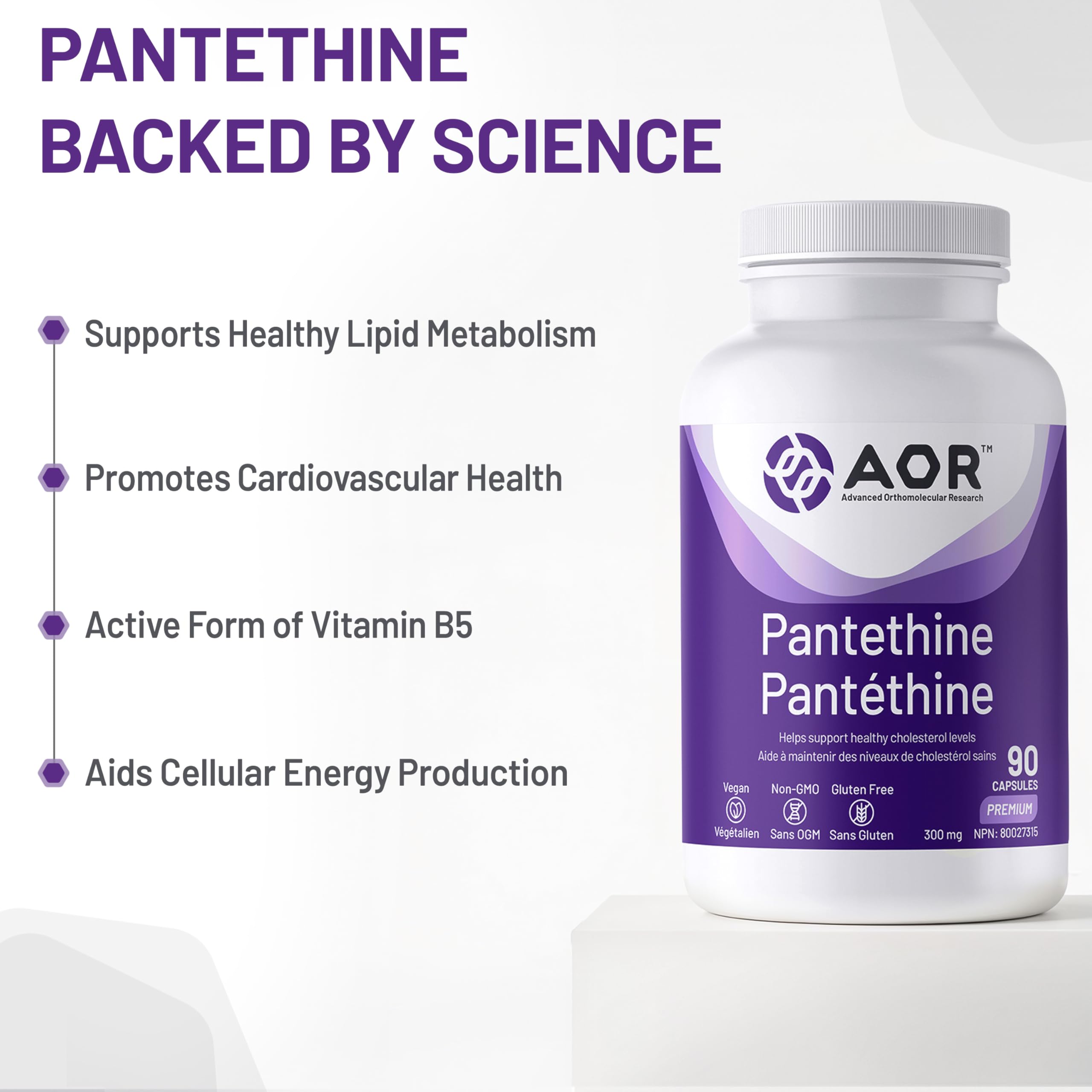 AOR - Pantéthine 300 mg Supplément végétalien, 90 capsules pour 30 jours - Forme active de vitamine B5 (acide pantothénique) - Soutient la fonction surrénale et le taux de cholestérol - Idéal pour le soin du foie et le bien-être général