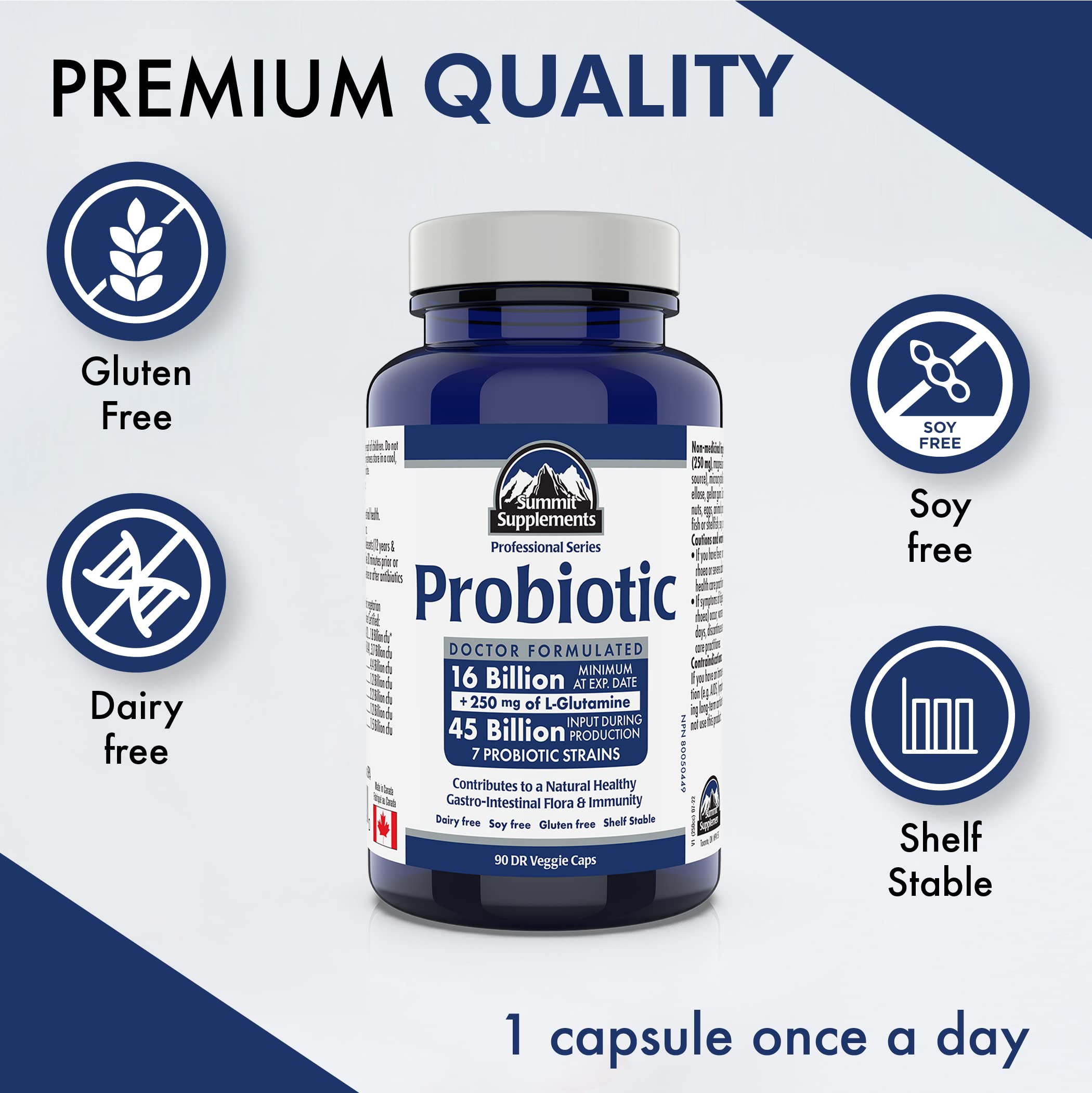 Probiotic Supplement 45 Billion CFU, 90 DR Veggie Caps with 250 mg L-Glutamine 90-Day Supply, 7 Strains for Gut Health and IBS Relief - Dairy, Soy & Gluten-Free, Proudly Canadian, Plastic Negative