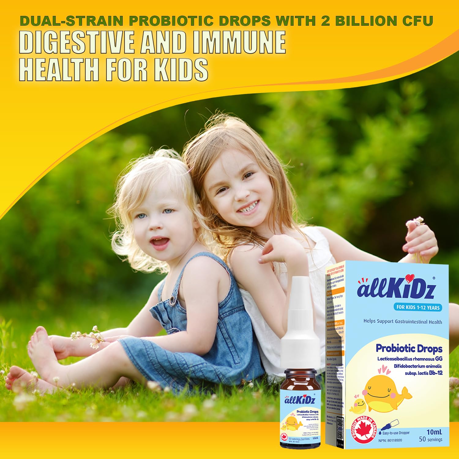 allKiDz Probiotic Drops for Infants Babies Toddlers Kids Children, Made in Canada, Liquid Supplement for Immune & Digestive Health, Lactobacillus rhamnosus GG + Bifidobacterium animalis Bb-12, 2 Billion CFU, No Preservatives, No sugar, Unflavoured, 10 Mil