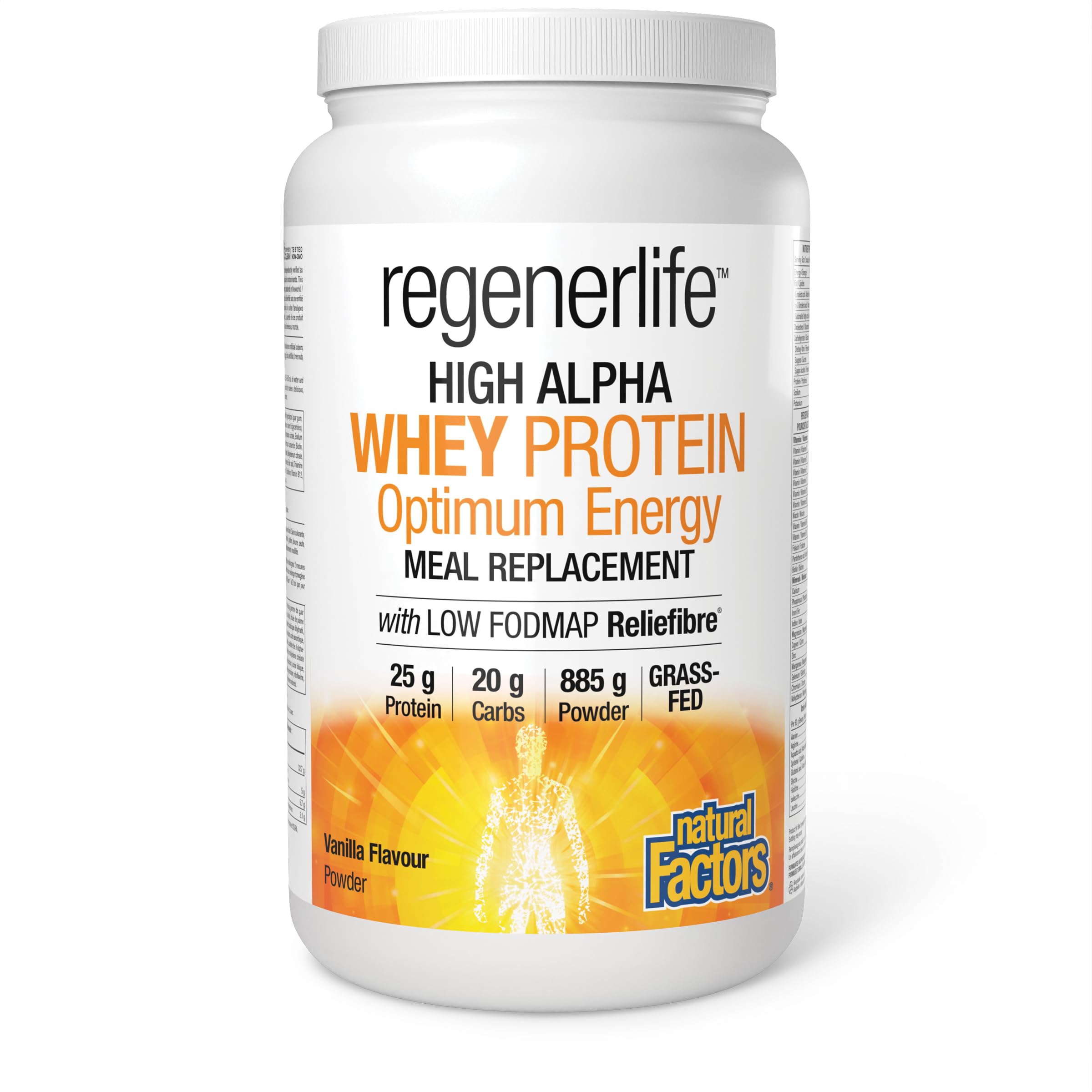 Natural Factors Regenerlife High Alpha Whey Protein Meal Replacement, Vanilla Flavour, 885 g Powder, 25 g of Protein + 5g of Low-FODMAP Reliefibre, Grass-Fed Whey, Proudly Canadian