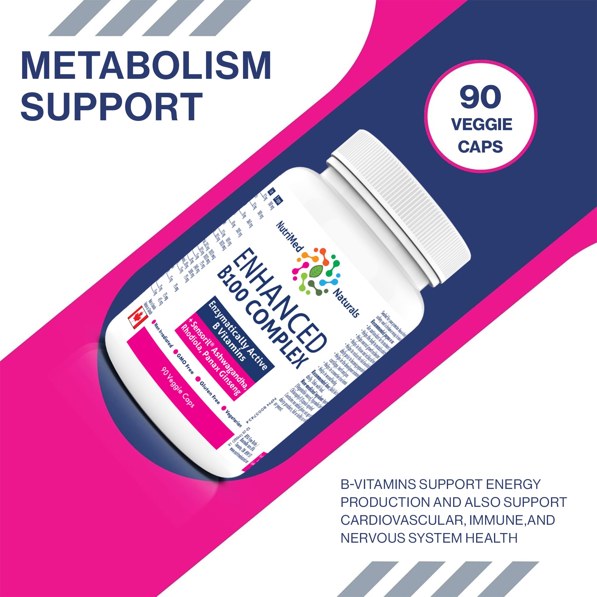 Nutrimed Naturals - Complexe B100 Amélioré, 90 Gélules (approvisionnement de 30 jours) - Supplément de Vitamines B - Santé Osseuse, Dents, Gencives et Réparation du Cartilage - Testé par des Tiers - Formulé et Fabriqué au Canada