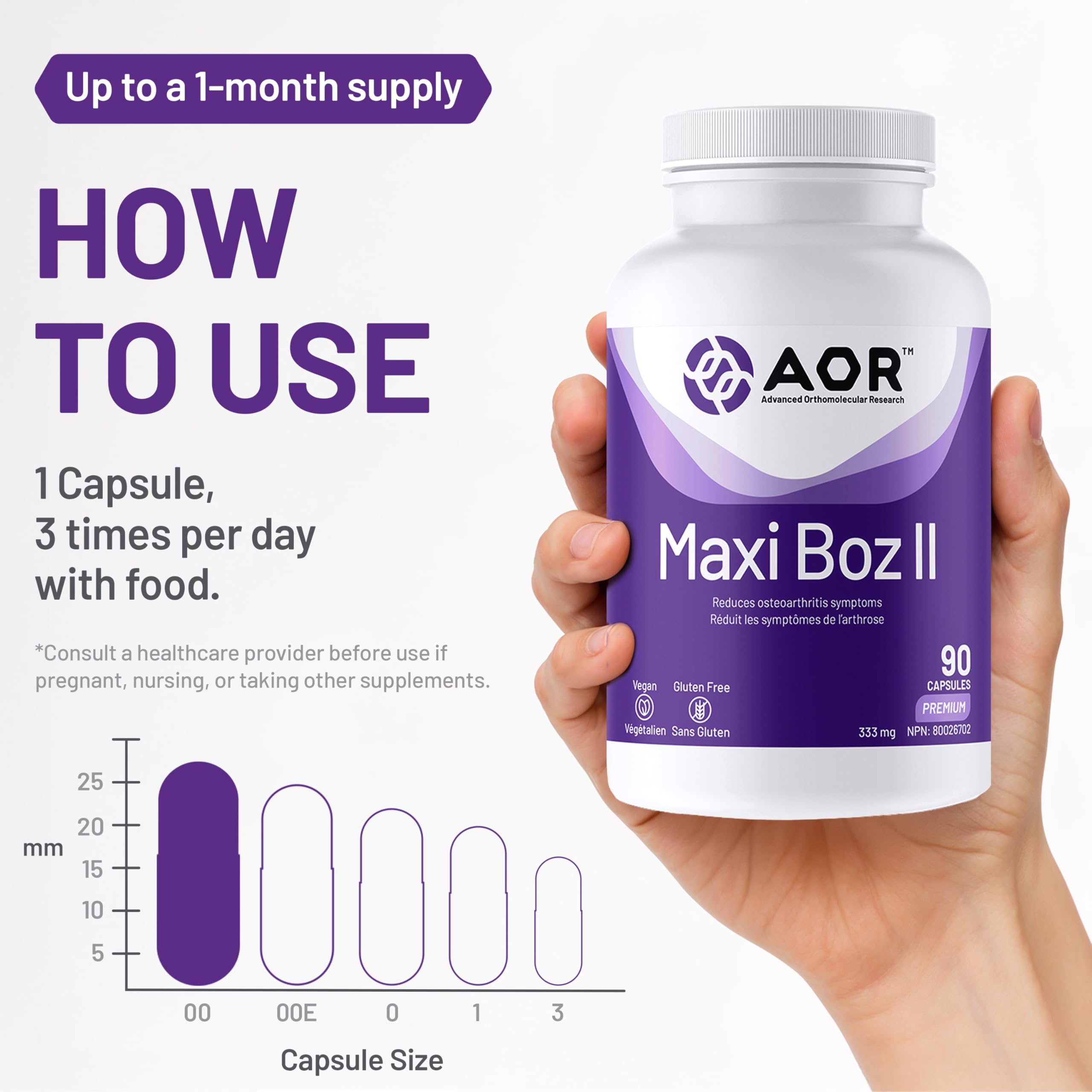AOR - Maxi-Boz II 333mg, 90 capsules, cure de 30 jours - Extrait de Boswellia Serrata haute puissance pour le confort et la souplesse des articulations - Végétalien et sans gluten - Soutient l'amplitude des mouvements, favorise la facilité de mouvement