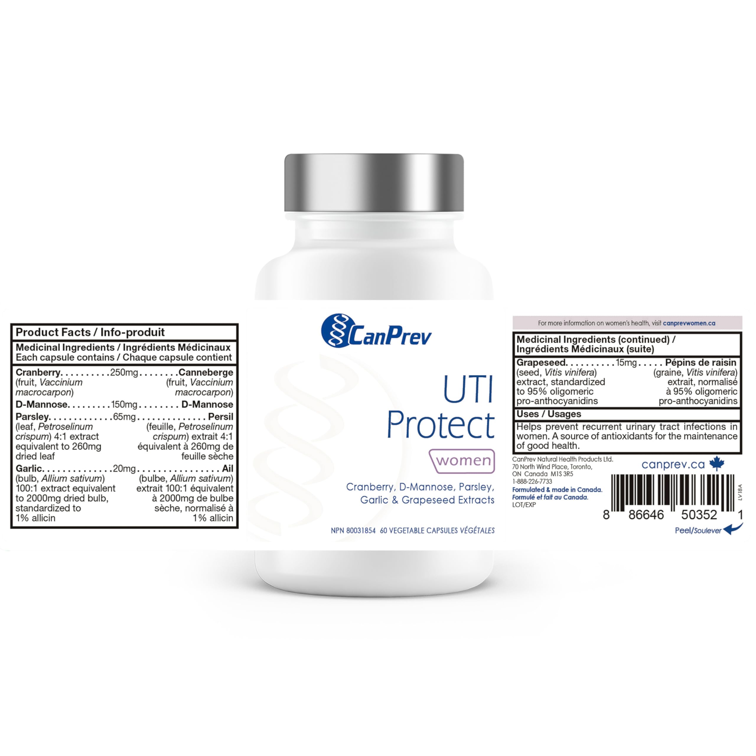 CanPrev UTI Protect, 60 Capsules 30-Day Supply - D-Mannose for Bladder Support with Cranberry, Parsley, Garlic & Grapeseed Extracts, Promotes Bladder Comfort & Urinary Tract Wellness - Vegan & Non-GMO