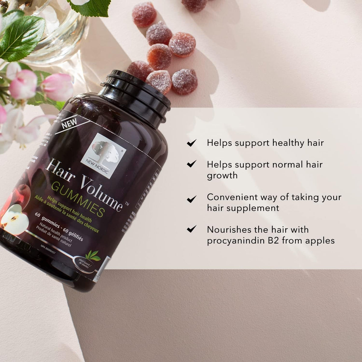 New Nordic Hair Volume Biotin Gummies for Adults, Zinc, Apple, 120 Gummies