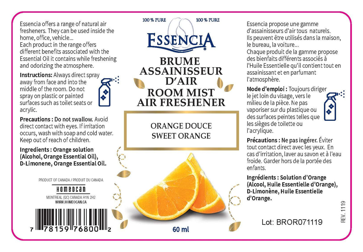 Essencia Room Mist Air Freshener 60ml, Sweet Orange Essential Oil Spray for Refreshing & Uplifting Ambiance, Long-Lasting Scent for Home, Office & Car, Enhances Any Space with a Fresh, Inviting Aroma