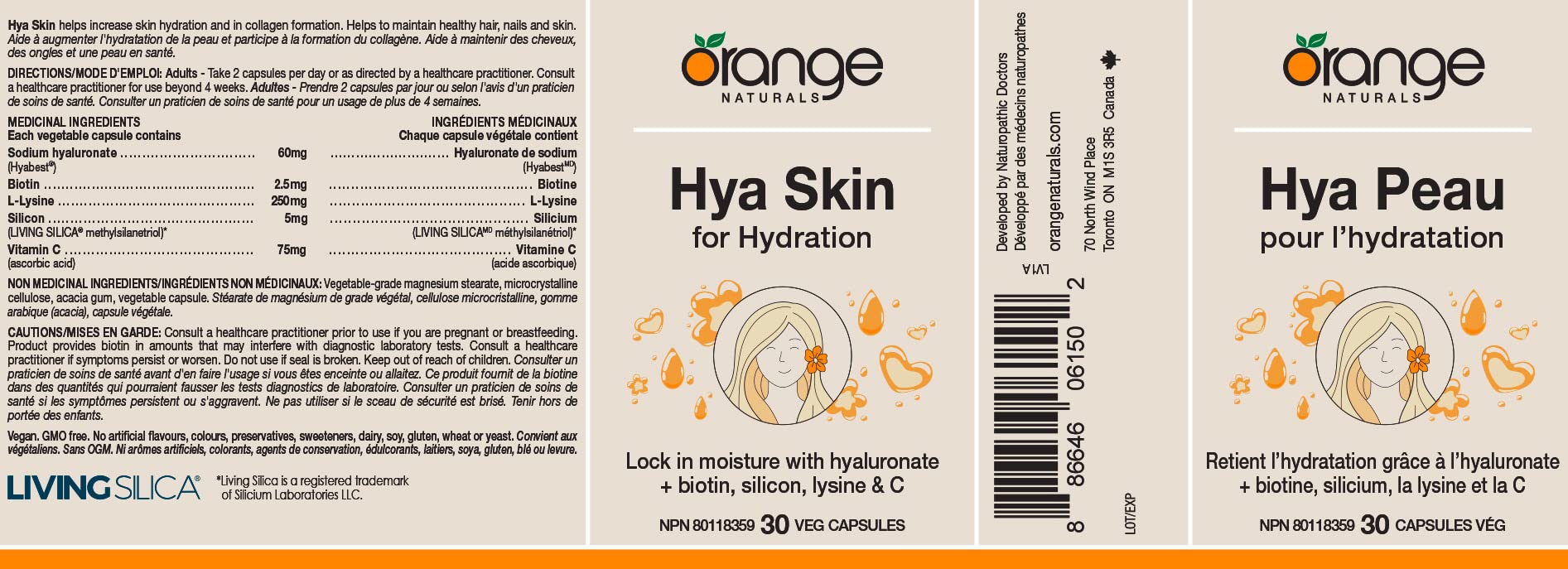 Orange Naturals Hya Skin pour l'hydratation, 30 capsules végétales, avec biotine, hyaluronate et silicium, nourrit les cheveux, la peau et les ongles, soutient l'hydratation et la formation de collagène, sans produits laitiers, sans gluten, sans OGM