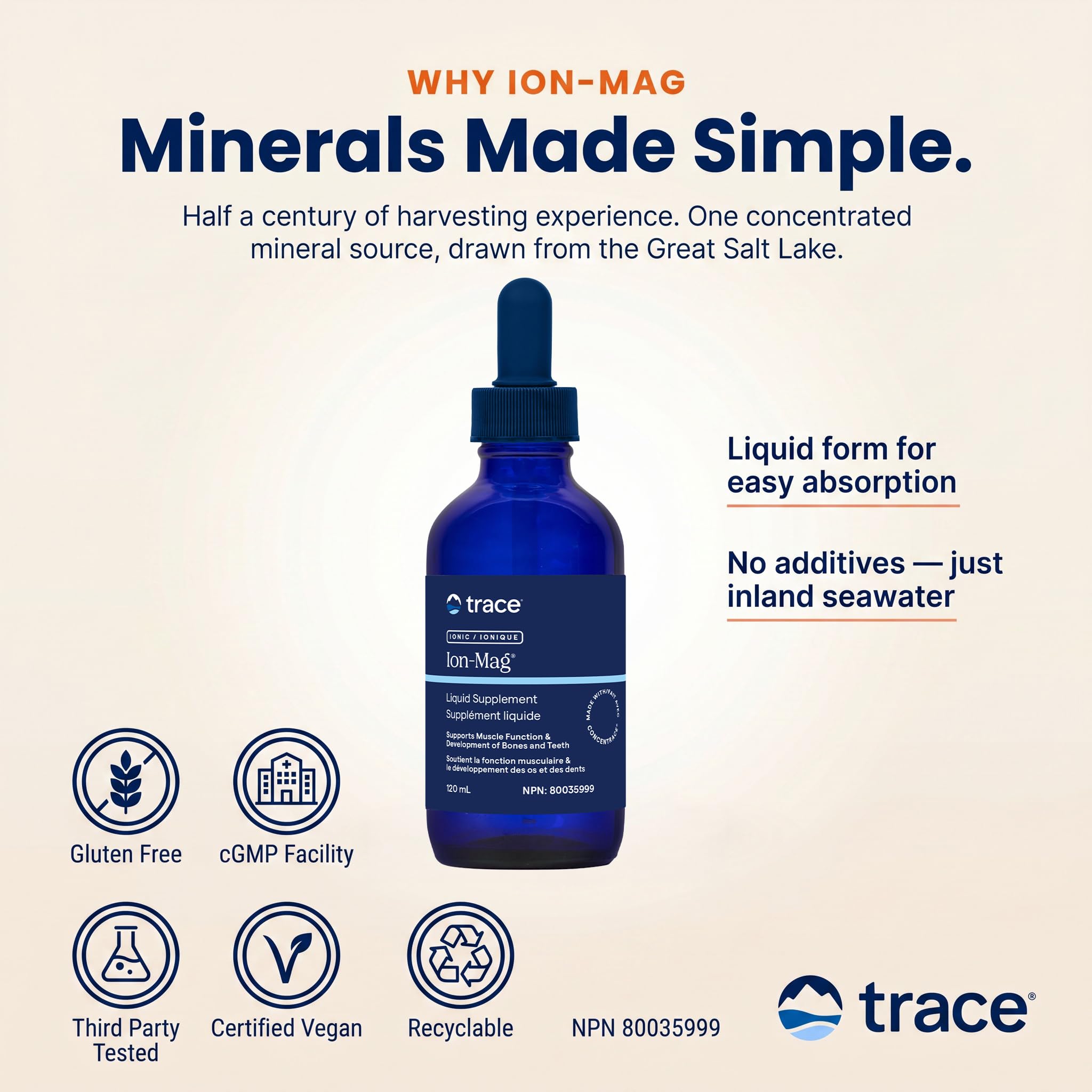 Trace Minerals Research Ion-Mag Liquid Supplement, 120 ml 85-Day Supply - Supports Muscle Function & Development of Bones and Teeth - Vegan and Gluten-Free