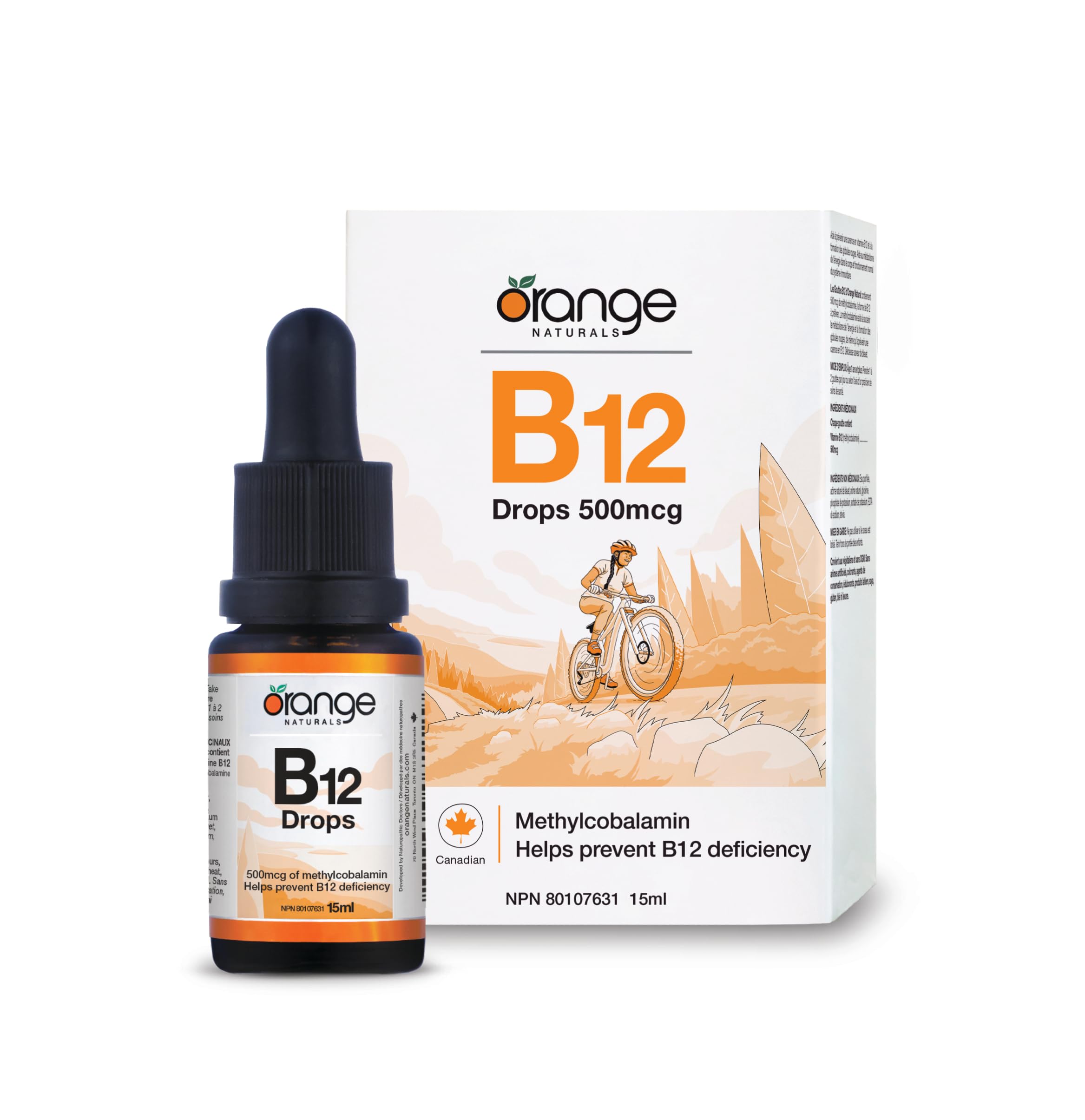 Orange Naturals Vitamin B-12 Liquid Drops 500mcg 15 ml 300-Day Supply - Methylcobalamin Supports Metabolism & Immune Function Vegan Blueberry Flavour