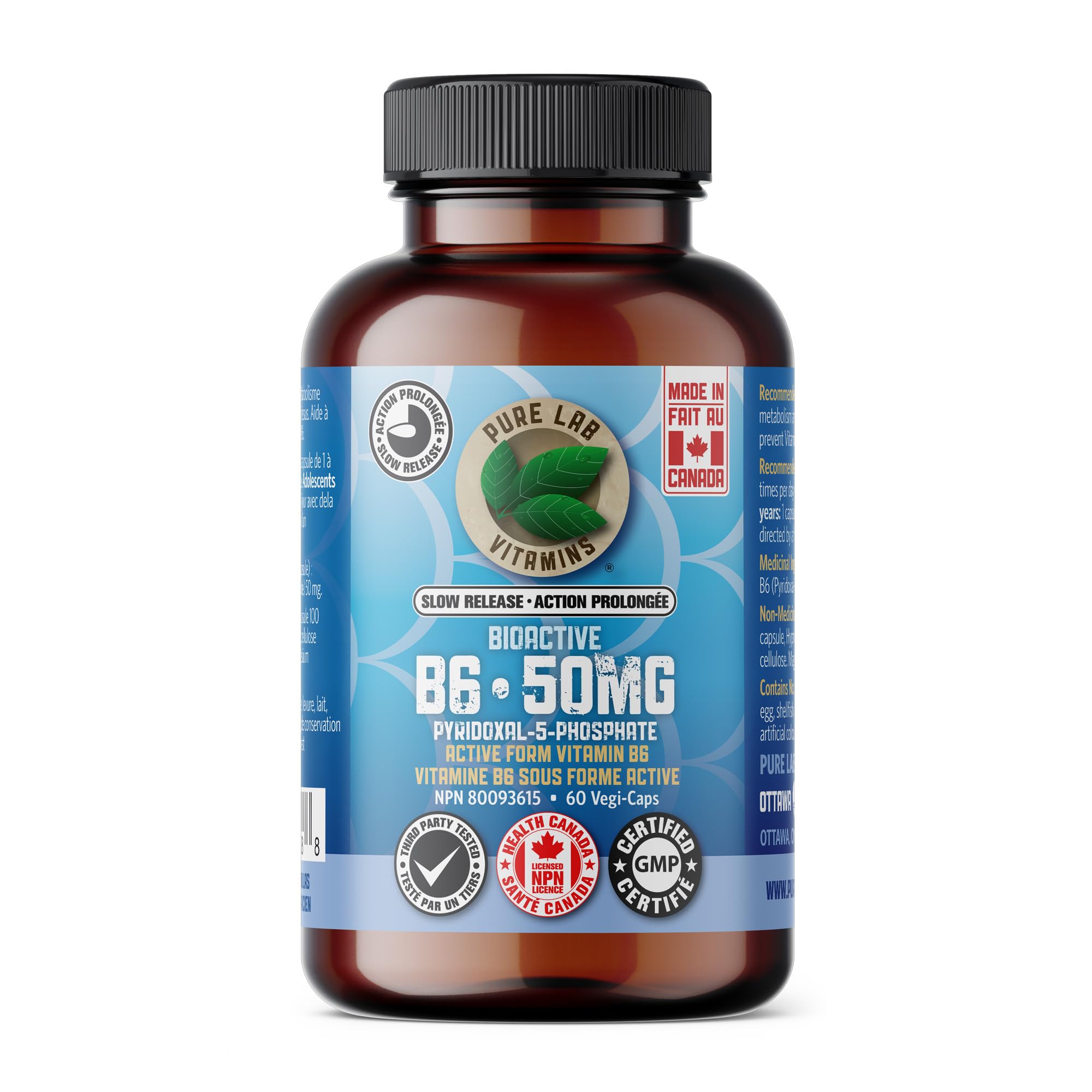 Pure Lab Vitamins B6 Bioactive (Pyridoxal-5-Phosphate) 50 mg - Libération Lente - 60 Gélules Végétales