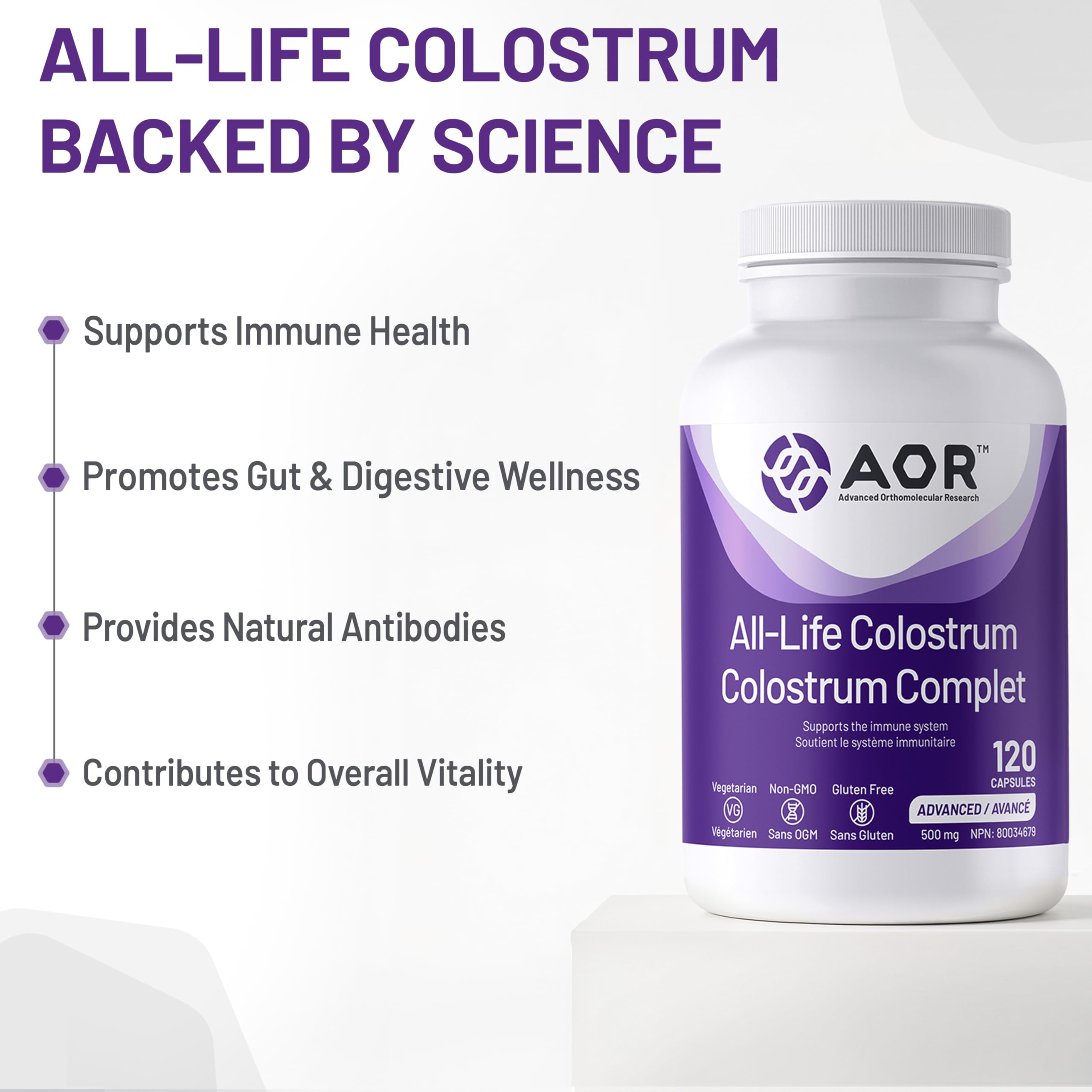 AOR All-Life Colostrum 500mg 120 Capsules 4-Month Supply - Bovine Colostrum Supplement for Gut Health, Skin & Nails, Whole-Food Sourced Colostrum for Vitality - Non-GMO, Vegetarian and Gluten-Free