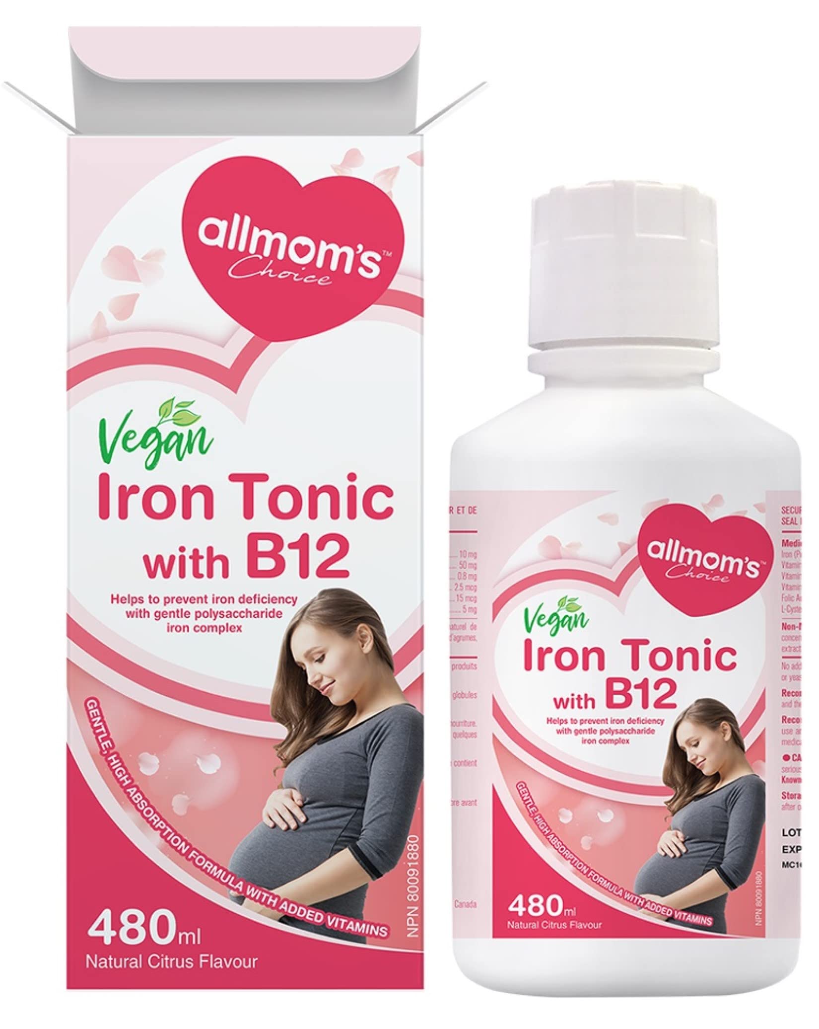 Supplément de fer liquide végétalien pour femmes enceintes avec les bienfaits de la vitamine B12 pour la formation de sang - Aide à prévenir la carence en fer avec un complexe de fer polysaccharidique doux pour l'estomac - 480 ml - Allmom's Choice