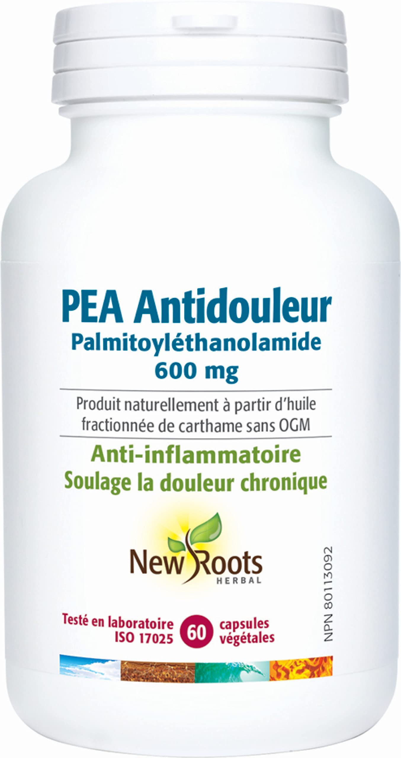New Roots Herbal PEA Soulagement de la douleur 600 mg, 60 gélules végétales pour 30 jours, micronisée à partir d'huile de carthame, soutient la fonction nerveuse, la mobilité articulaire et le confort physique
