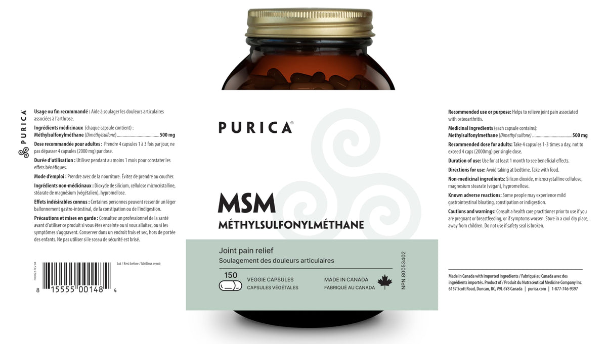 PURICA MSM Supplement, 500 mg, Vegan Capsules, 150 Capsules, Made in Canada