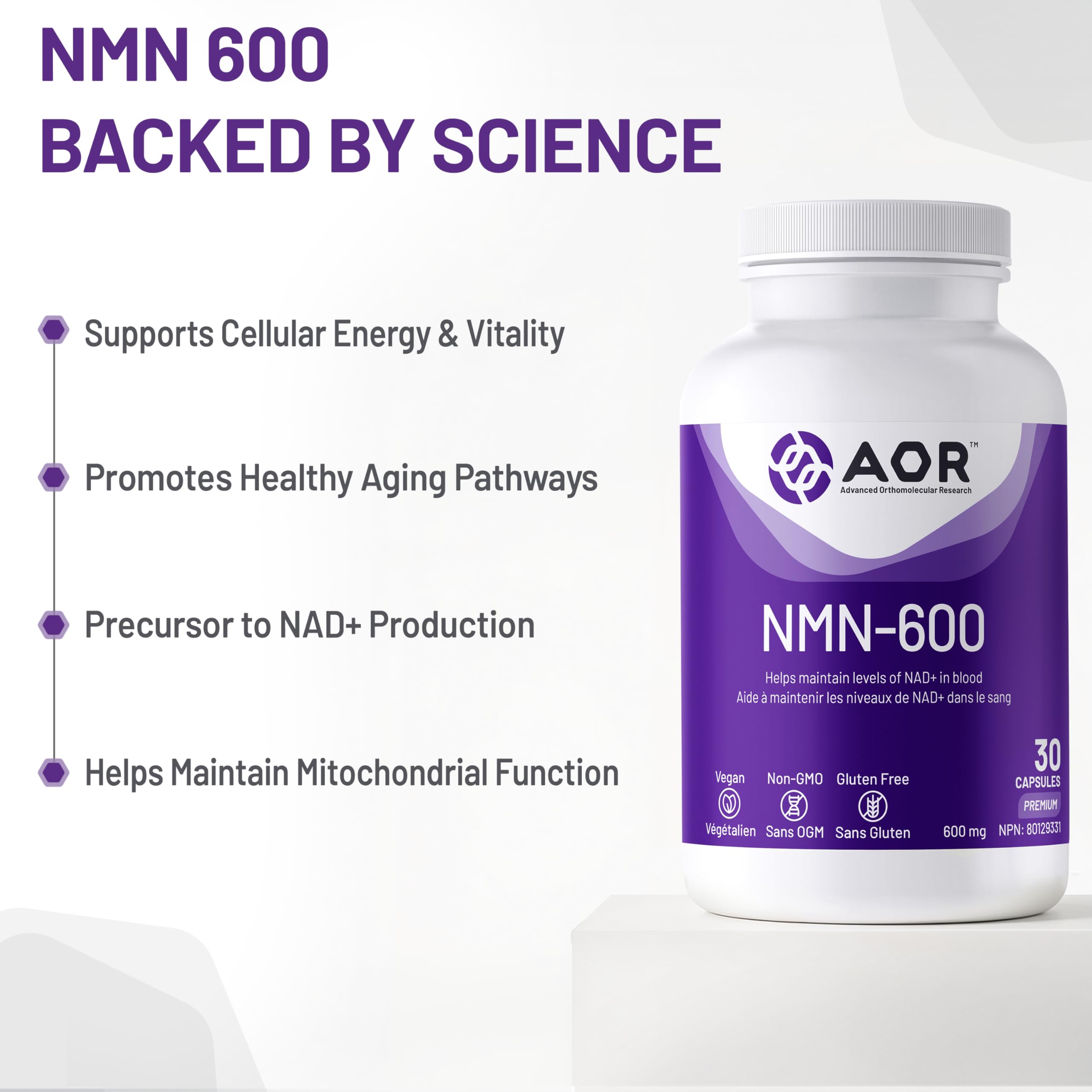 AOR NMN-600mg, 30 gélules végétaliennes - Sans OGM, sans gluten, mononucléotide de nicotinamide à haute puissance - Soutient la santé cellulaire et la production d'énergie - Supplément de NMN au Canada