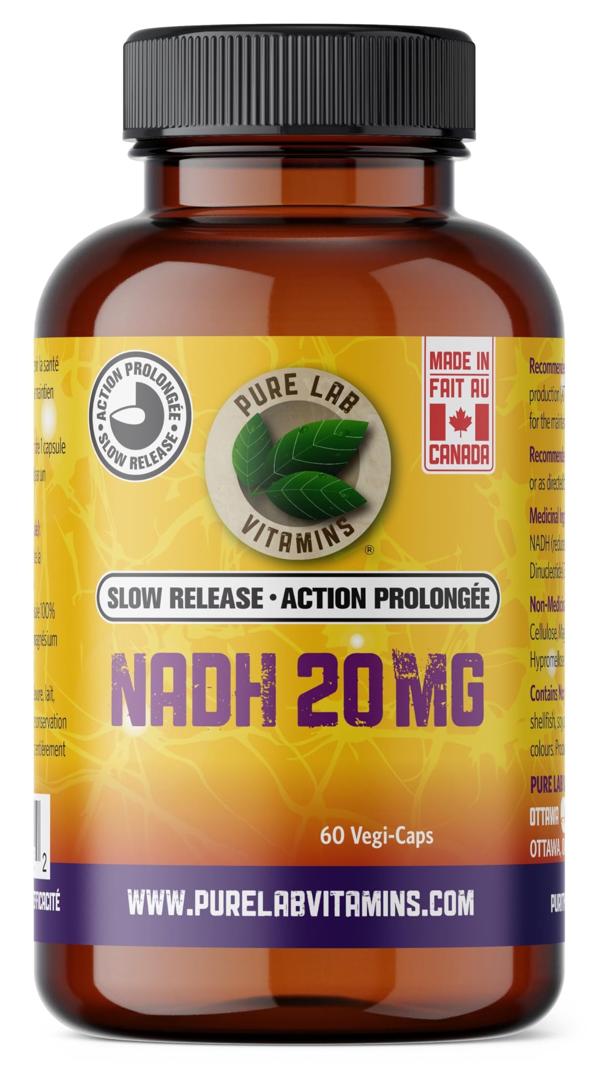 Pure Lab Vitamins - NADH Supplement, 60 Vegi Capsules - NAD Supplement Nicotinamide Adenine Dinucleotide - Immune System Support, Memory Health, Mental Health and Brain Energy - Antioxidant Supplement
