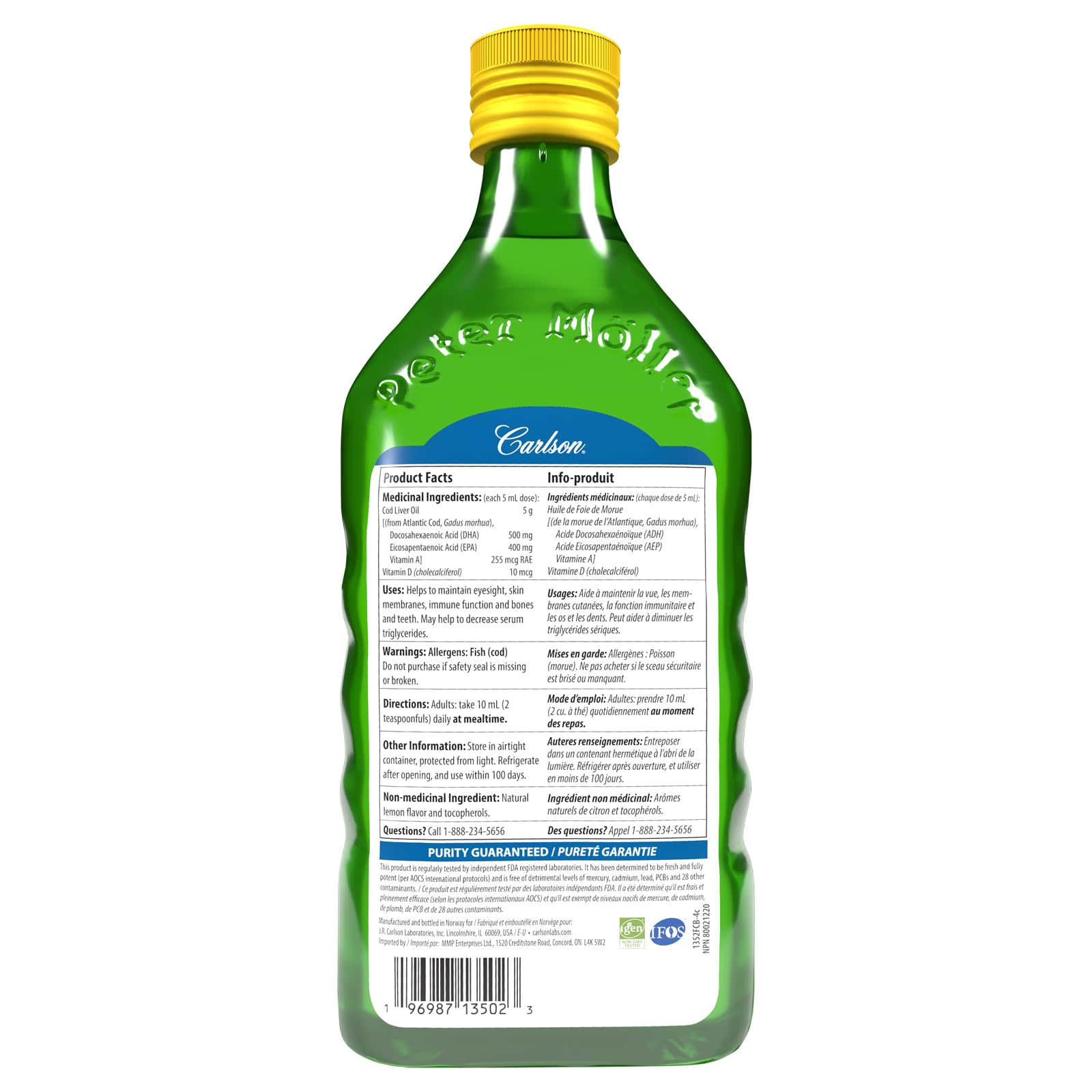 Carlson - Huile de foie de morue, 1100 mg d'oméga-3 + A et D3, huile de foie de morue arctique norvégienne sauvage, huile de poisson nordique liquide issue de la pêche durable