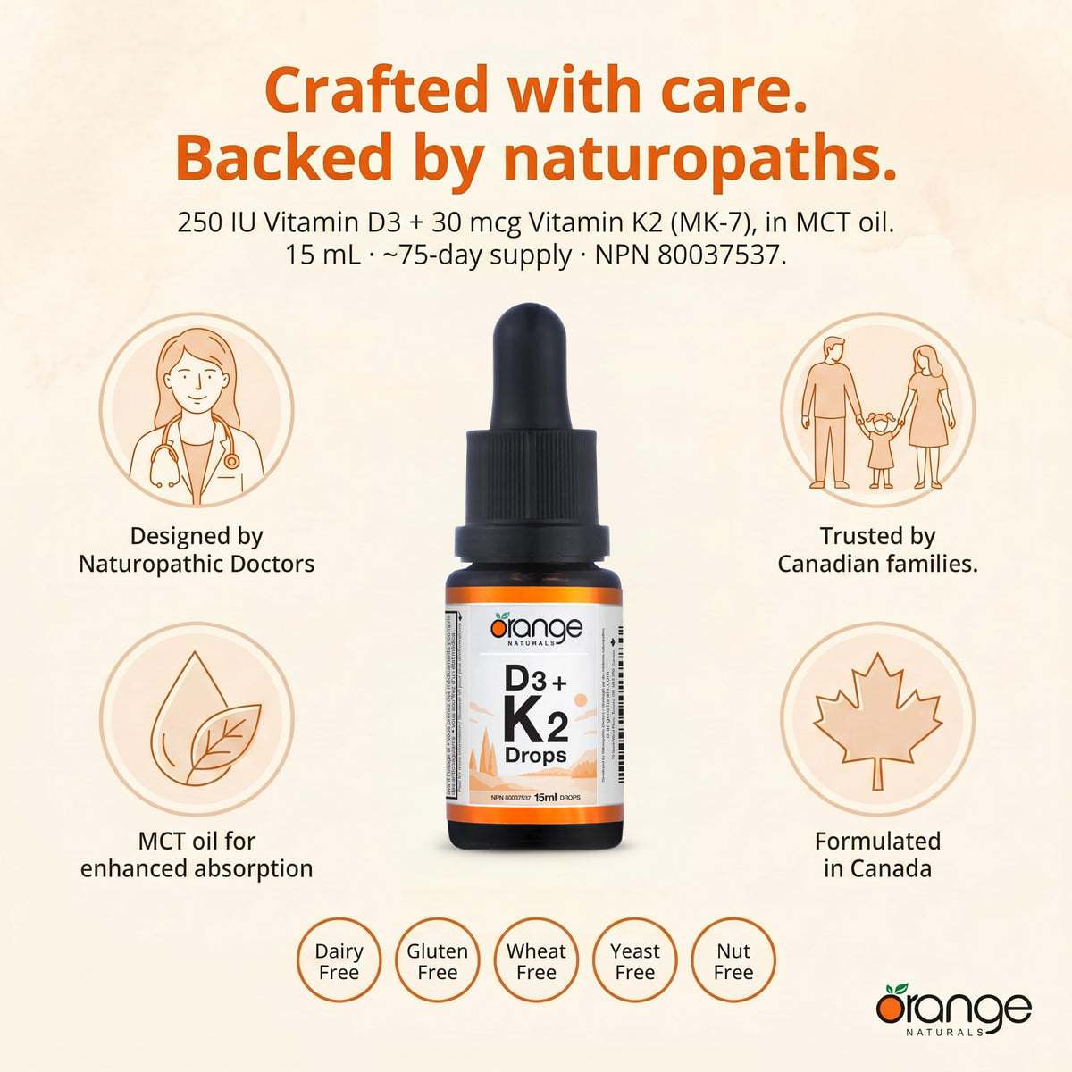 Orange Naturals Vitamin D3 K2 Drops, MCT Oil, Orange, 15 ml, 75 Day Supply