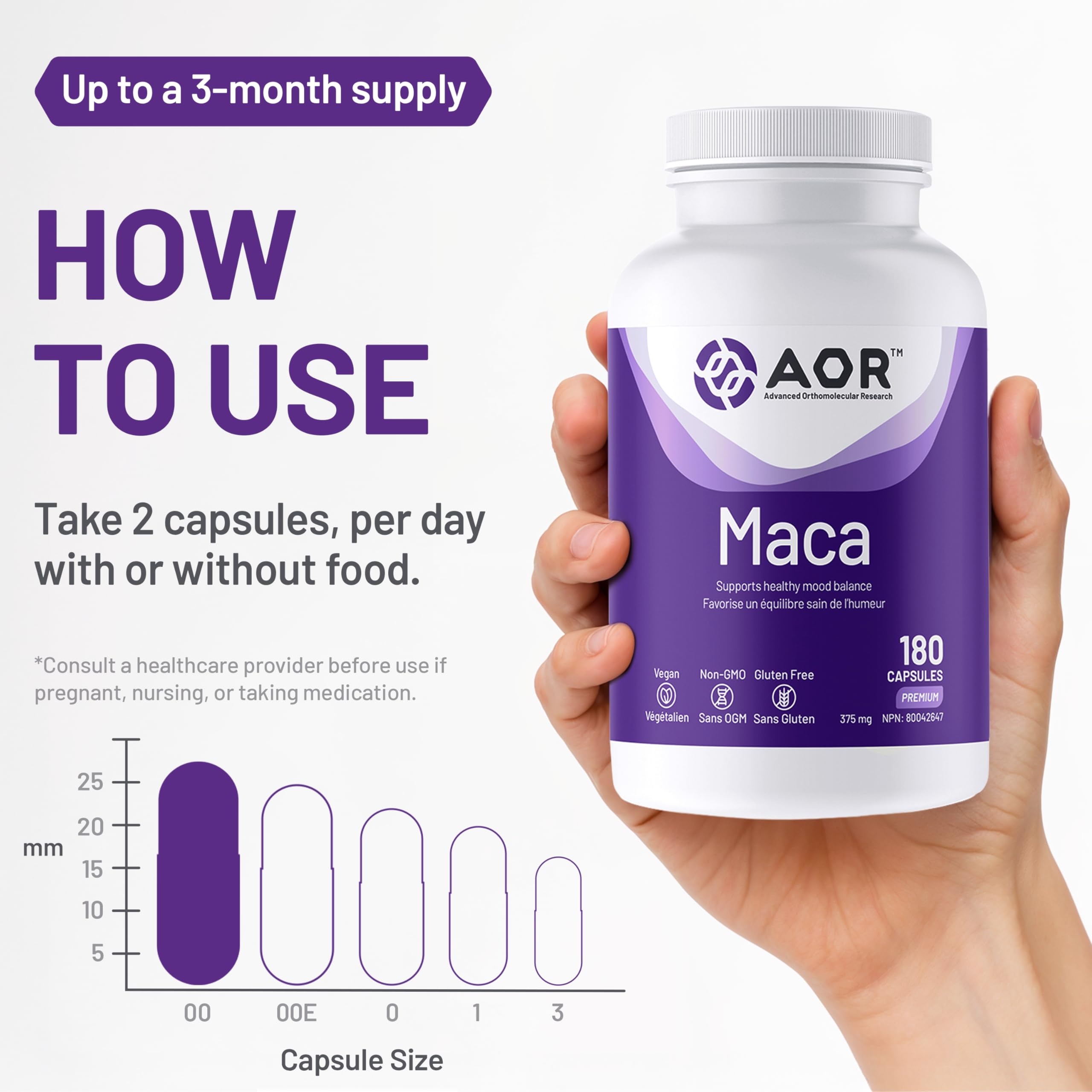 AOR Maca Root 375 mg, 180 capsules, 90 jours d'approvisionnement - Soutient l'énergie et la vitalité - Supplément d'extrait de racine de Maca, favorise une fonction hormonale équilibrée - Soutien ménopause et andropause - Végétalien, sans gluten