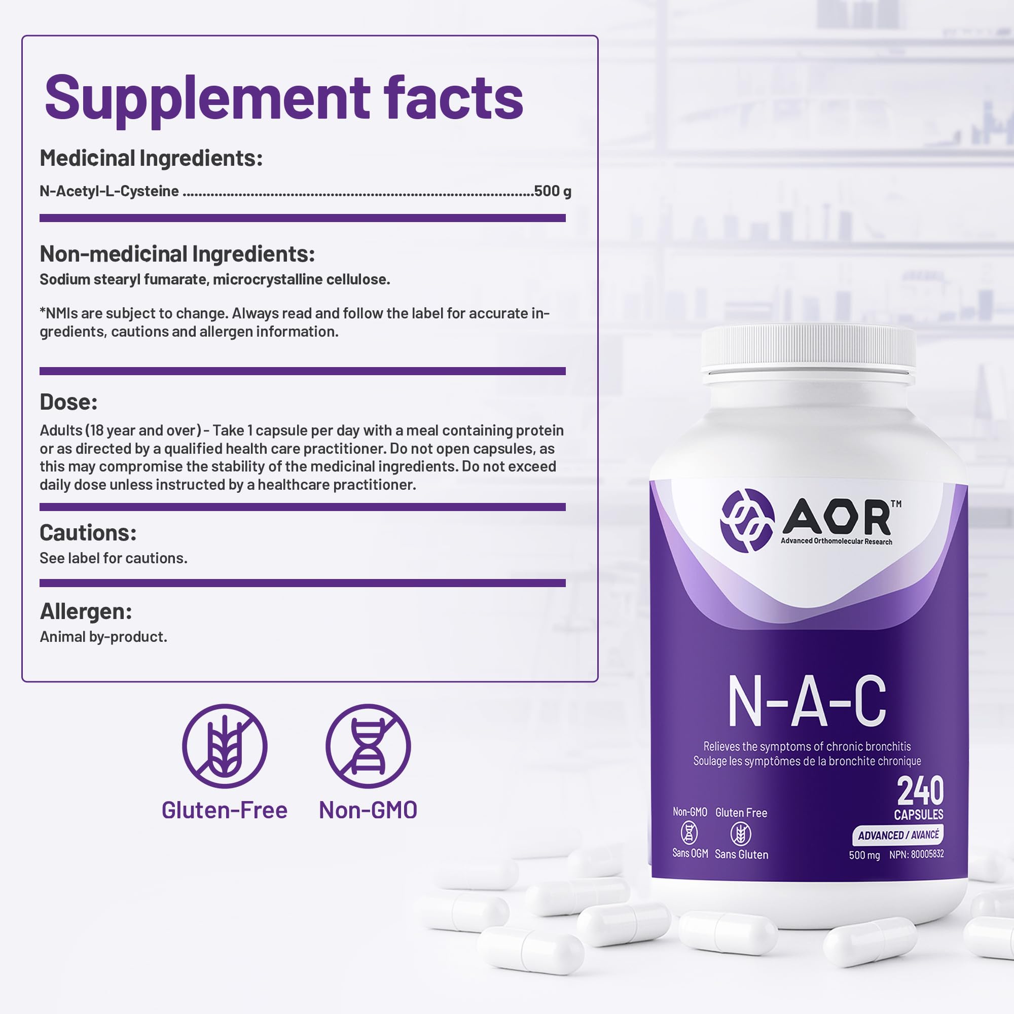 AOR N-A-C N-Acetyl Cysteine 500mg 240 Caps, 8-Month Supply, Support Balanced Immune System, Promotes Glutathione Level, Healthy Respiratory Function, Skin Health & Liver Wellness, Gluten-Free, Non-GMO