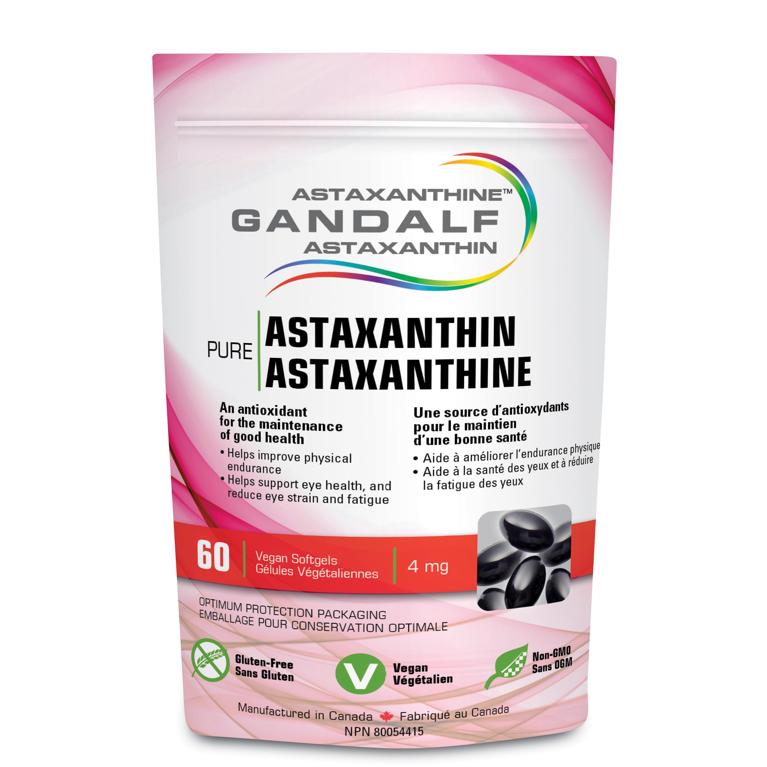 Gandalf Astaxanthine 4 mg, 60 gélules végétaliennes, cure de 30 jours – Complément pour la vision et le bien-être des articulations, favorise le confort oculaire et la souplesse, formule antioxydante, cultivé et fabriqué au Canada, sans OGM