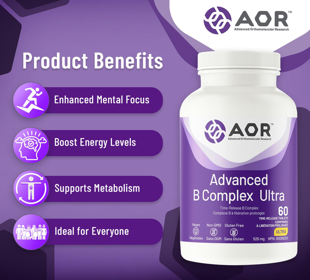 AOR Advanced B Complex Ultra, B Complex, Time-Release, 60 Vegan Tablets
