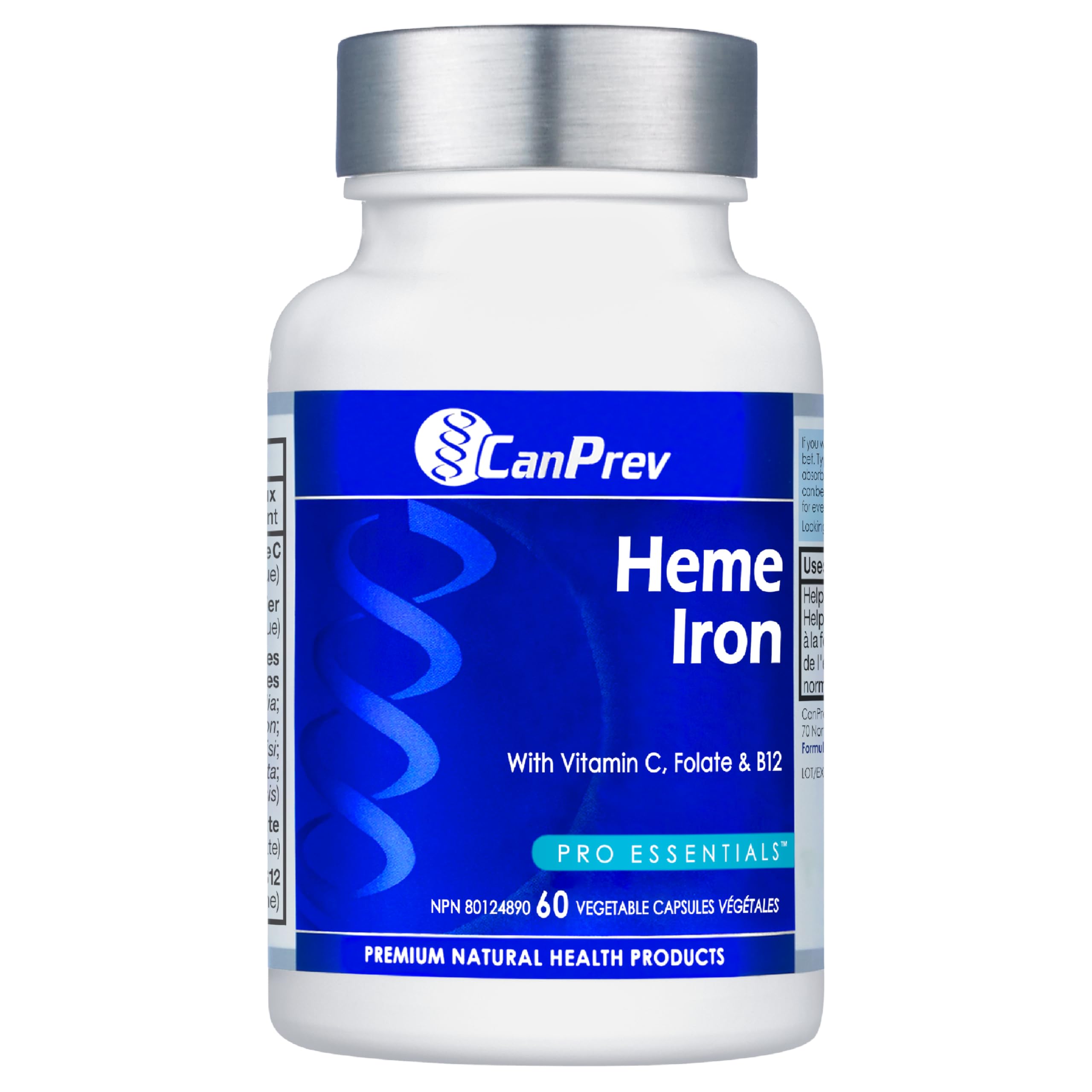 CanPrev Heme Iron 60 V-Caps, 60-Day Supply With Vitamin C, Folate & B12, Gentle, Easy-to-Absorb Iron Supplement for Women, Non-GMO, Gluten & Soy-Free, Supports Red Blood Cell Formation, Made in Canada