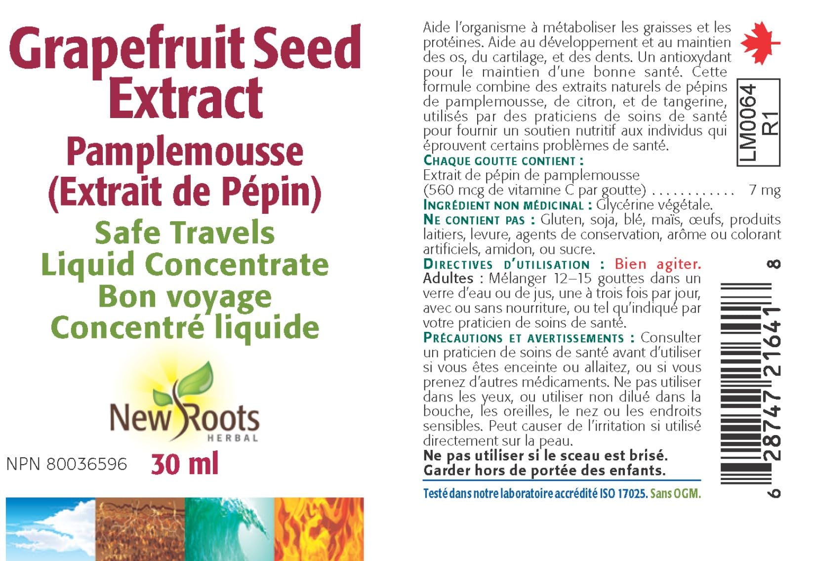 New Roots Herbal - Huile d'extrait de pépins de pamplemousse 30 mL 87 portions - Concentré liquide Safe Travels 560 mcg de vitamine C par goutte