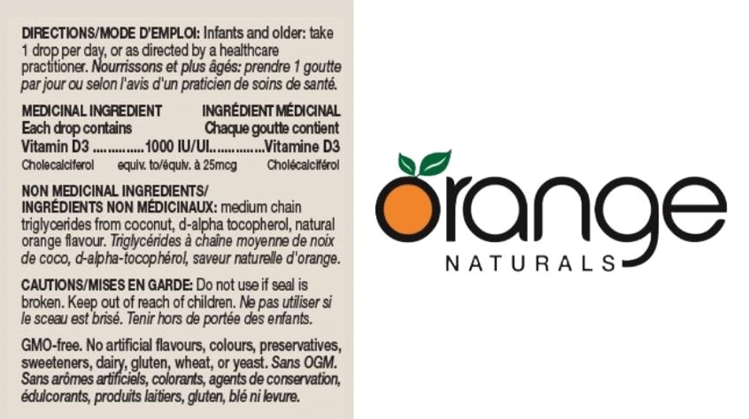 Orange Naturals - Gouttes de vitamine D3 - Saveur naturelle d'orange liquide - 400 UI pour enfants - 15 ml - Gouttes liquides de cholécalciférol vitamine D3 - Soutien pour la santé des os, des dents et du système immunitaire