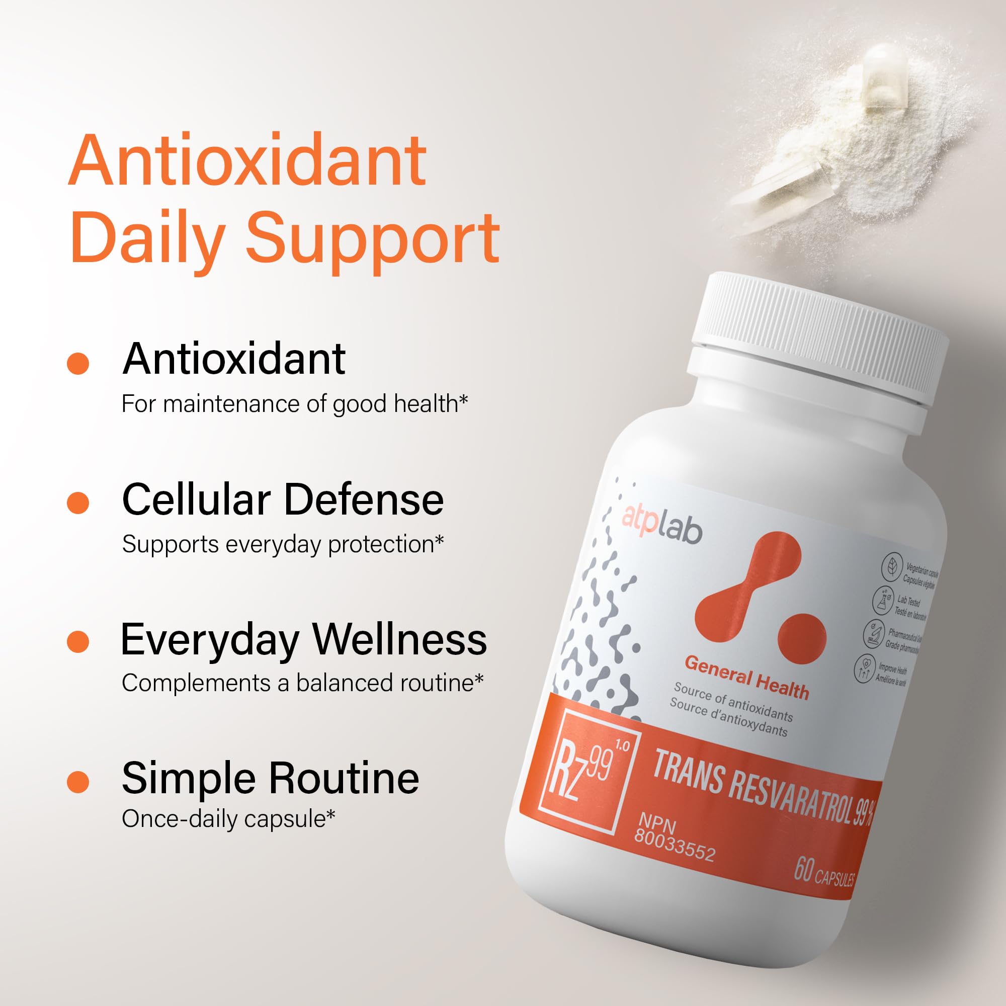 ATP LAB - Trans Resveratrol 99% 60 Capsules 60-Day Supply - Antioxidants Supplement - Immune System Support - Trans Resveratrol Supplement - Glowing Skin & Immune Support