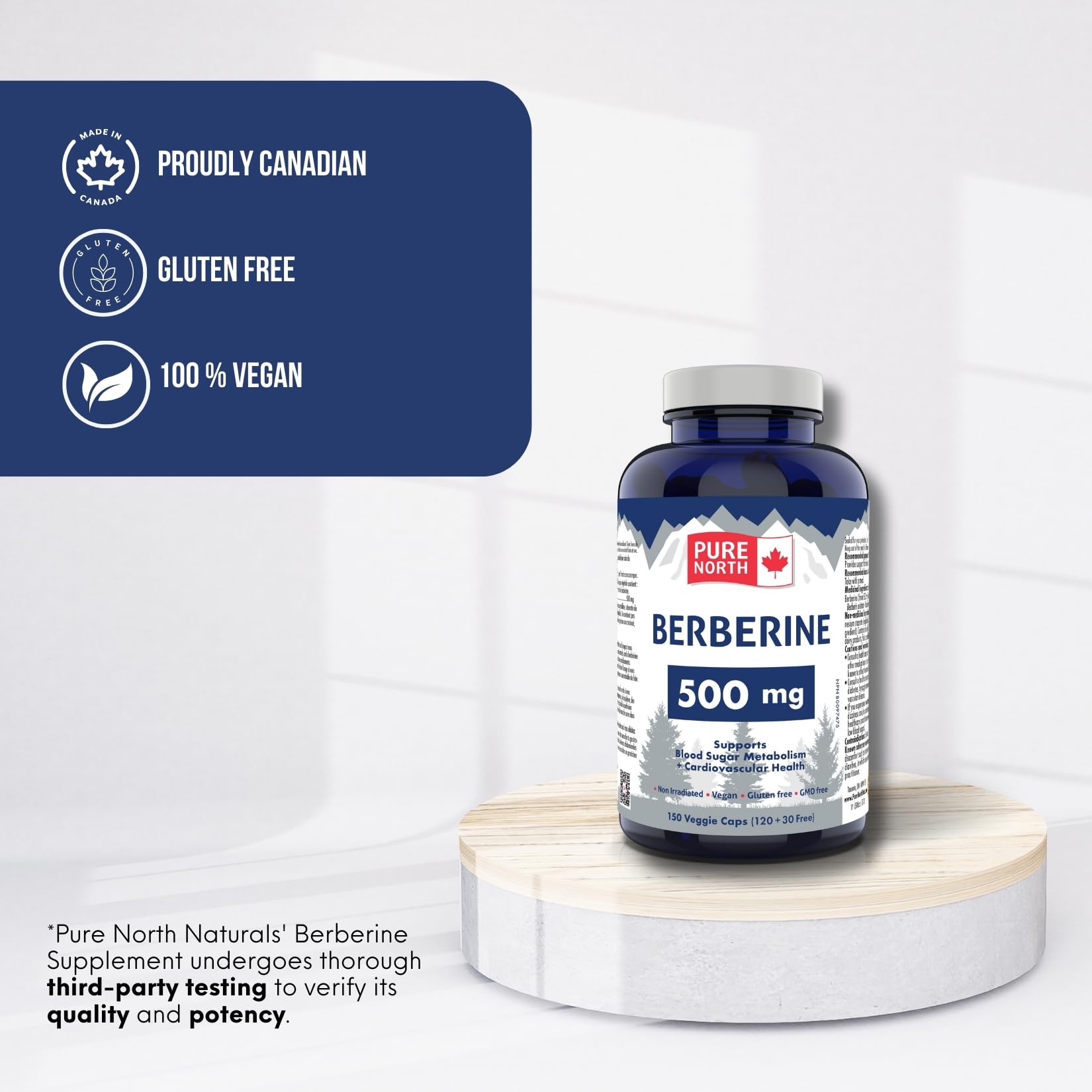 Pure North Naturals - Berberine 500mg, 150 Vegan Capsules 75-Day Supply - Supports Blood Sugar Metabolism + Cardiovascular Health and Gut Health - 3rd Party Tested - Formulated & Made in Canada