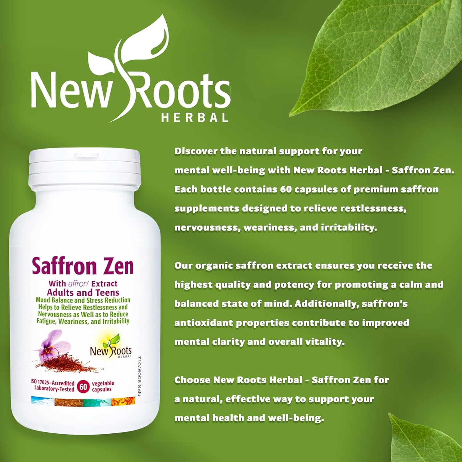 New Roots Herbal Saffron Zen, Affron Extract for Emotional Balance & Relaxation, Relieves Restlessness, Mental Calm, Non-GMO, 60 Veg Capsules 30 Day Supply